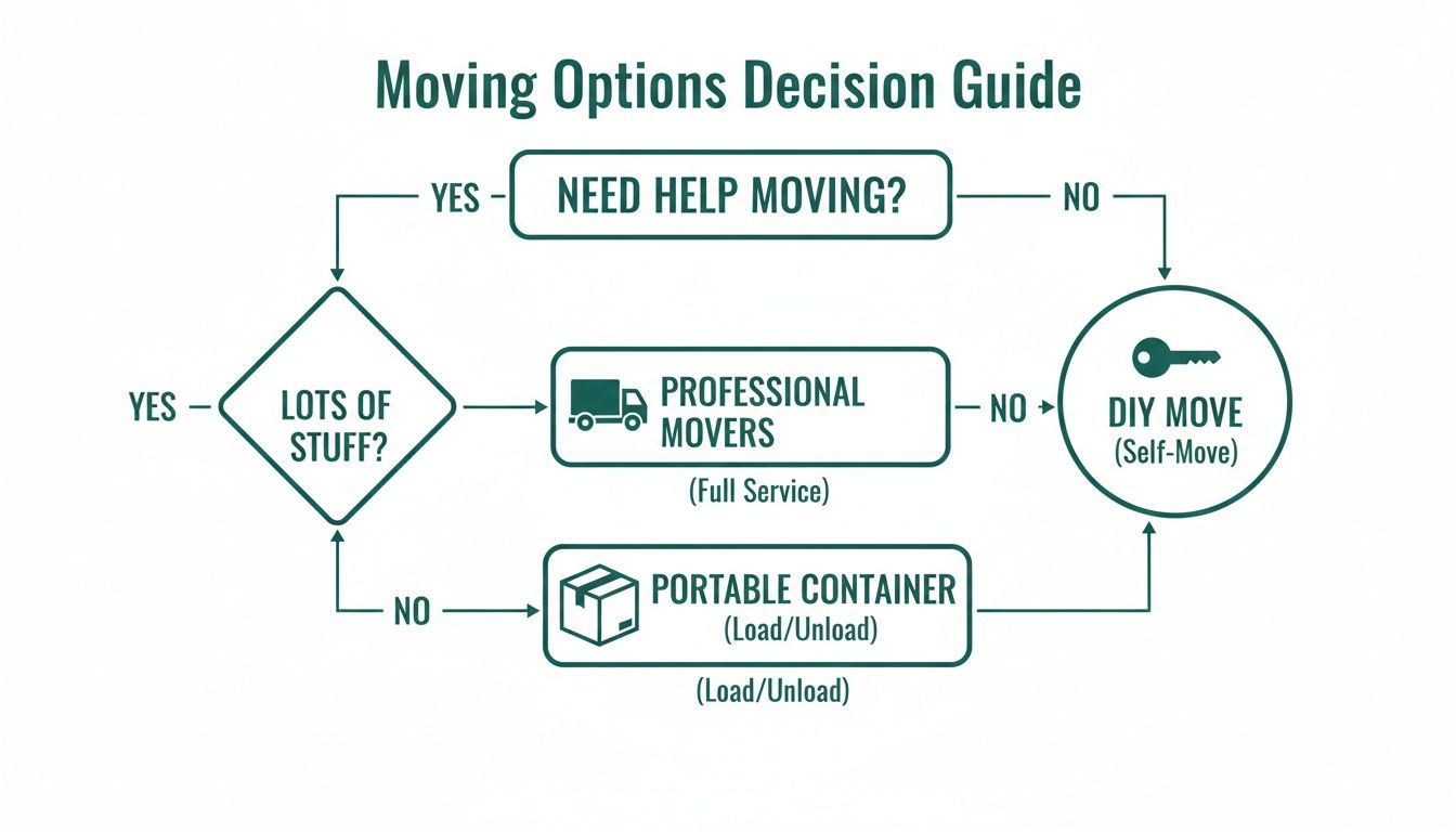 Flowchart decision guide for moving options, including professional movers, portable container, and DIY move.