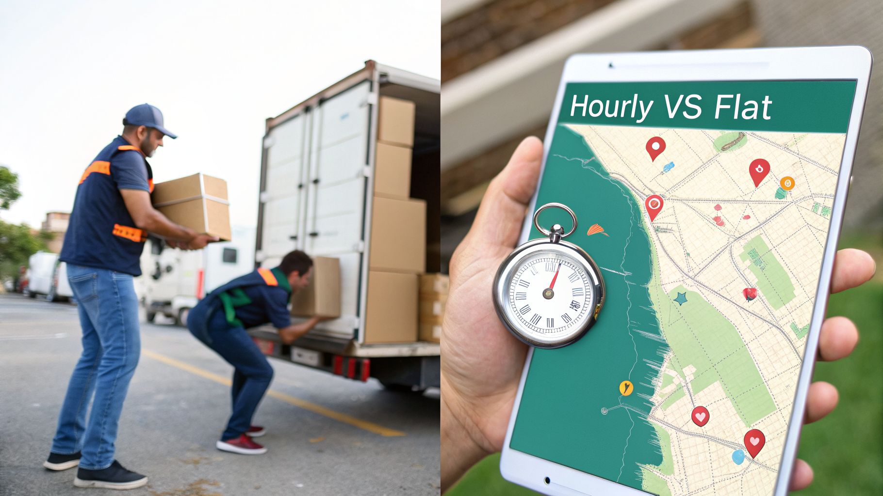 Movers loading boxes into a truck, contrasted with a tablet displaying hourly vs flat rates on a map with a stopwatch.