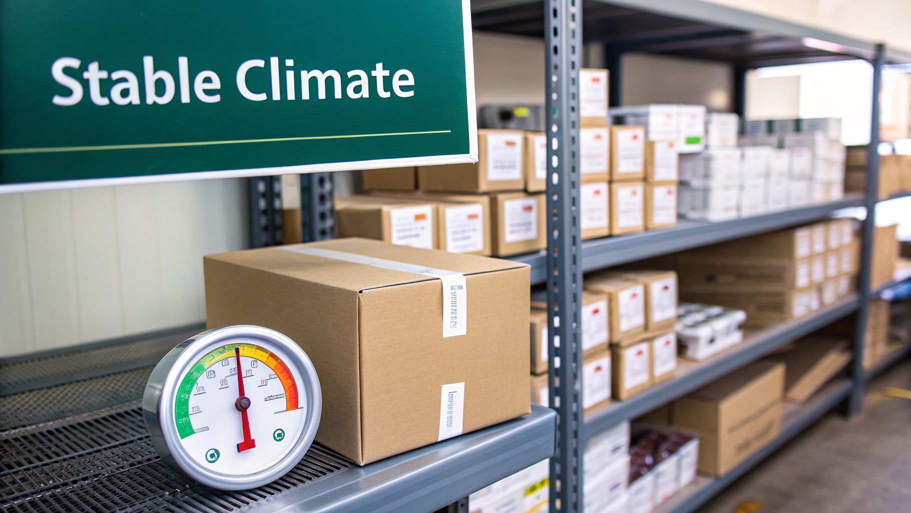 Warehouse interior with a thermometer gauge next to a cardboard box on a shelf, indicating stable climate conditions.