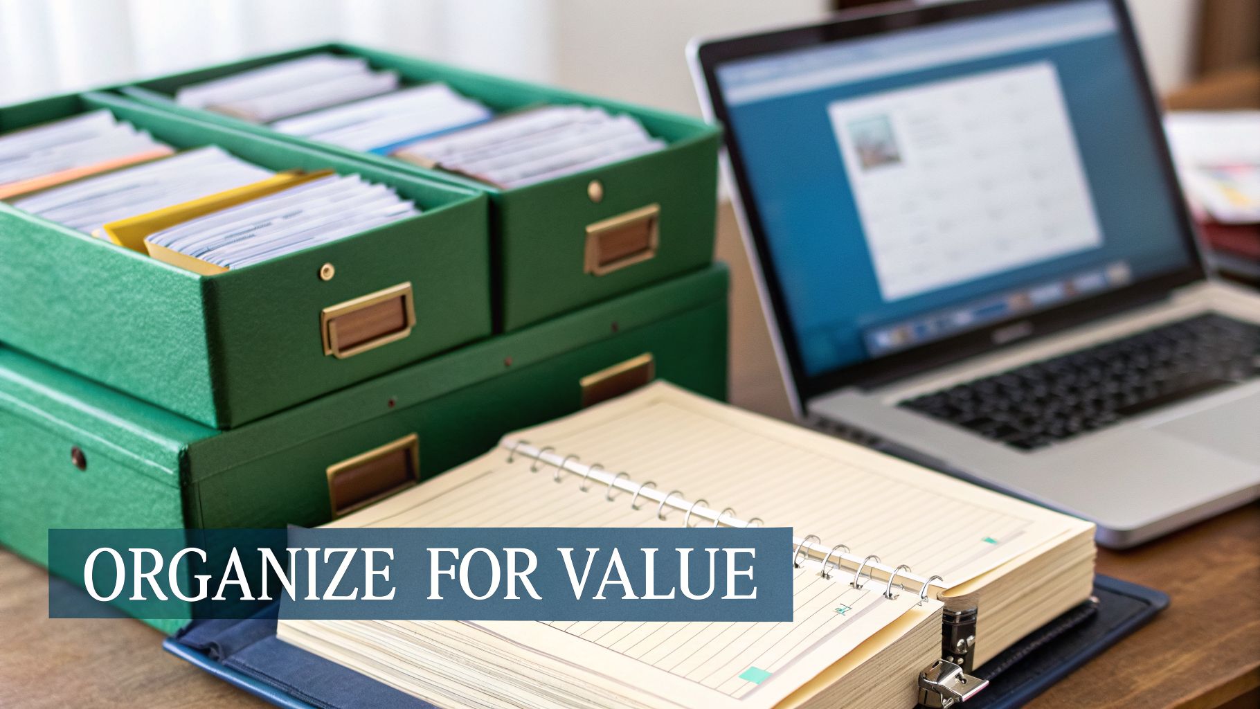 A well-organized desk featuring green storage boxes filled with cards, an open planner, and a laptop.