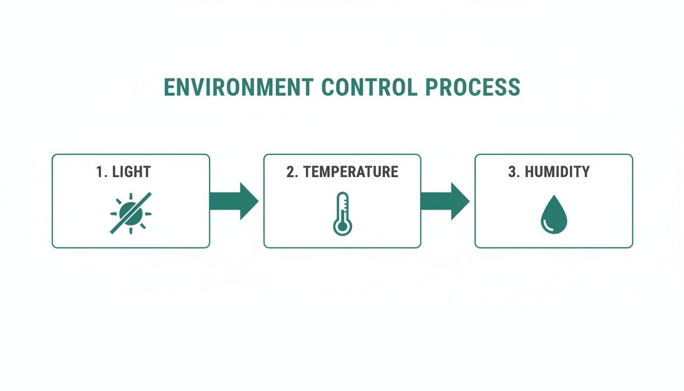 A flow chart illustrating an environment control process with steps for light, temperature, and humidity.