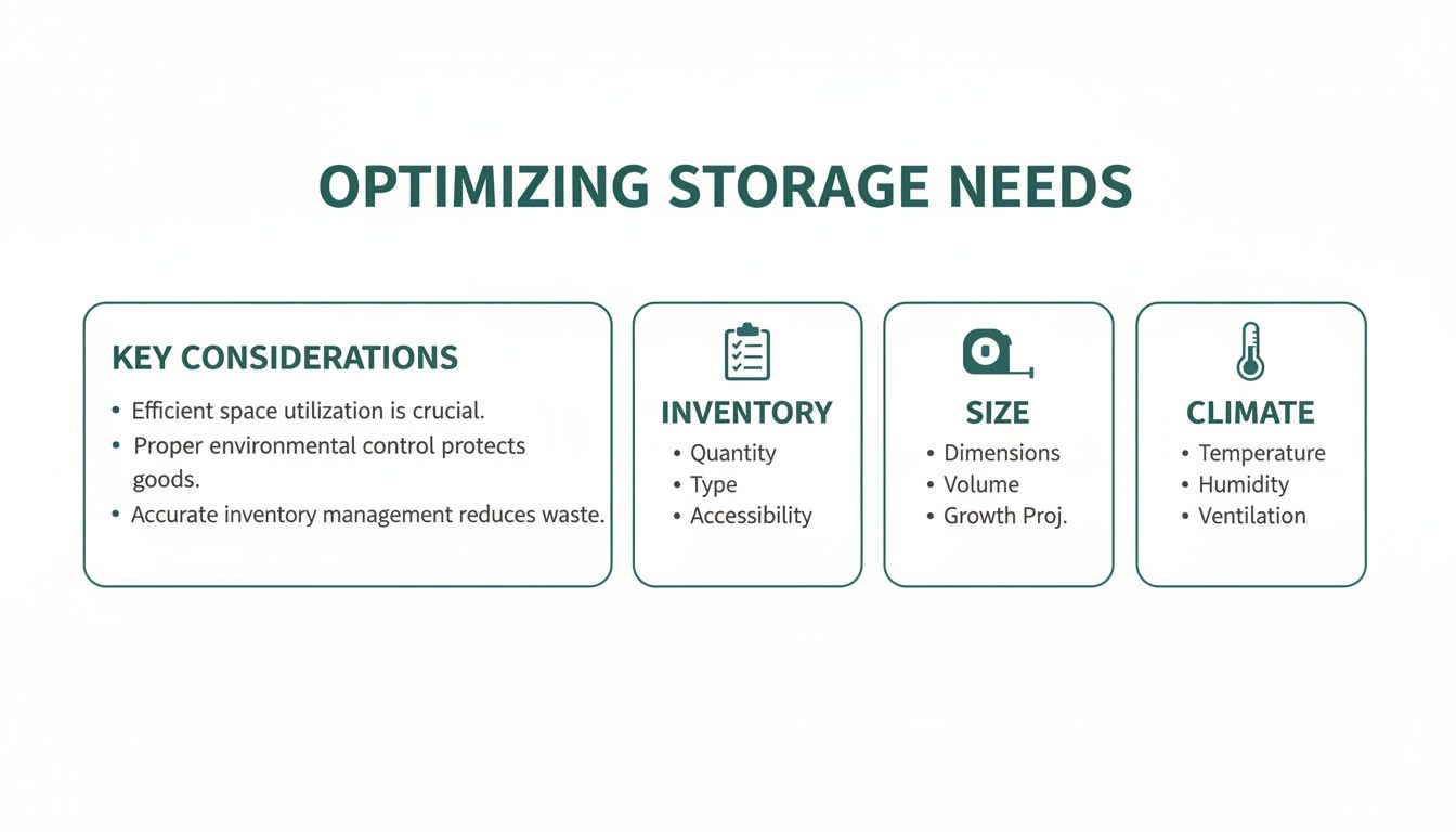 Infographic detailing key considerations for optimizing storage, covering inventory, size, and climate factors.