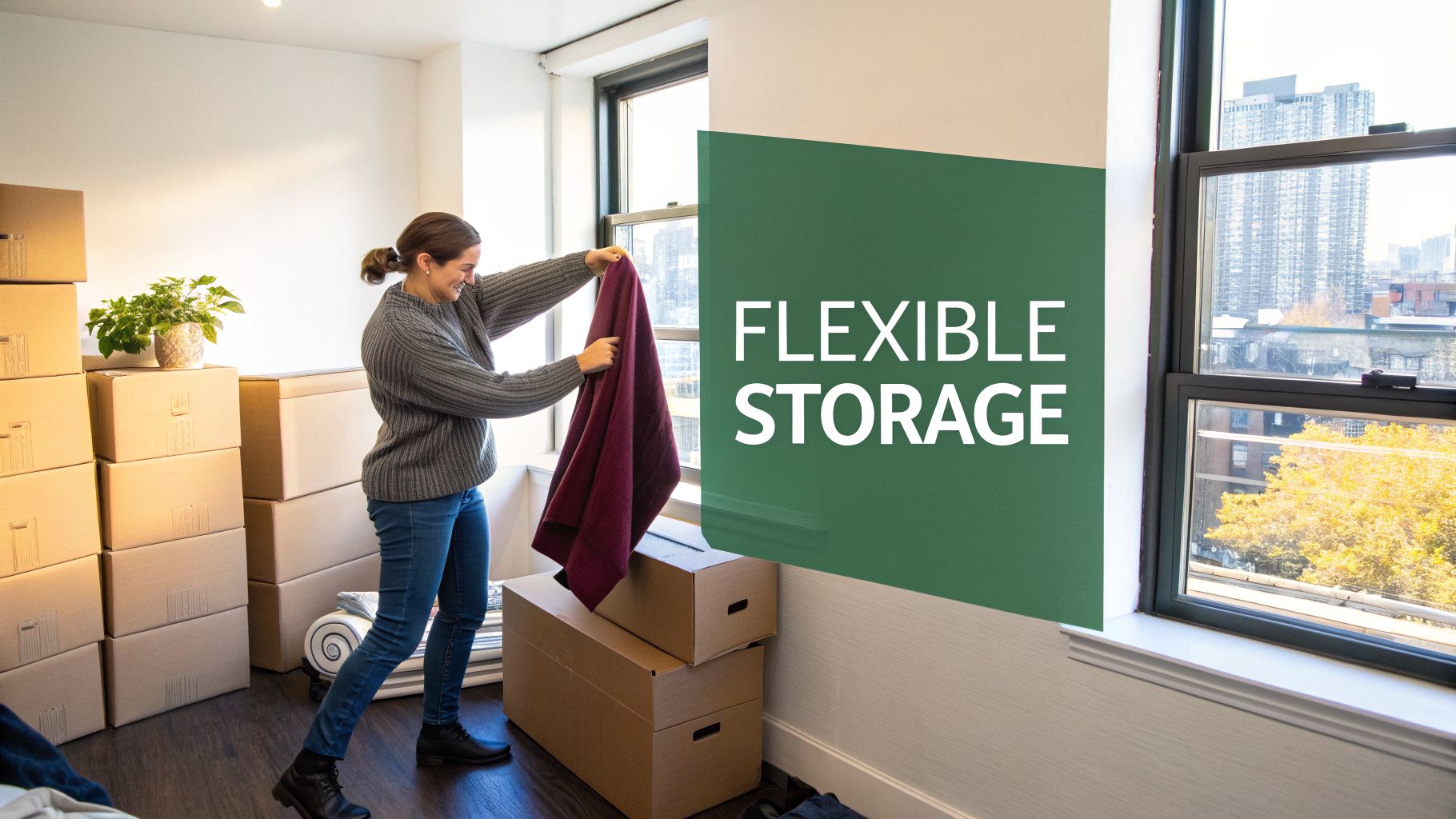 A smiling woman organizes items in a room filled with stacked moving boxes, featuring a 'Flexible Storage' sign.