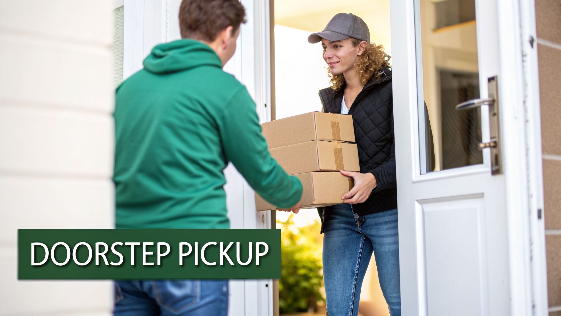 A delivery person hands multiple brown boxes to a smiling woman at her doorstep for pickup.