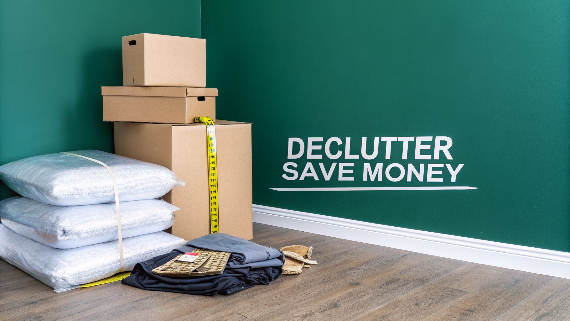 A room with stacked cardboard boxes, wrapped items, and clothes, near a green wall stating 'DECLUTTER SAVE MONEY'.
