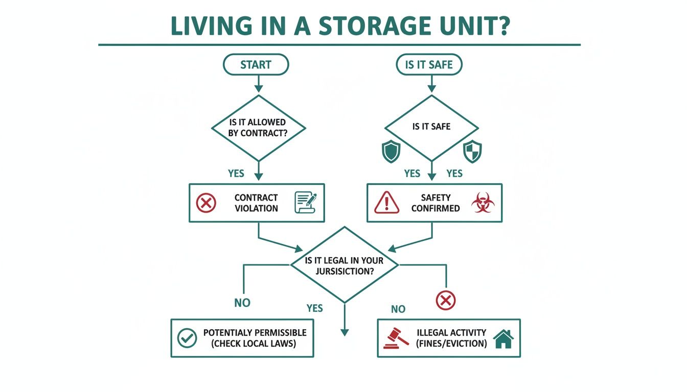 Flowchart illustrating the legal and safety considerations of living in a storage unit.