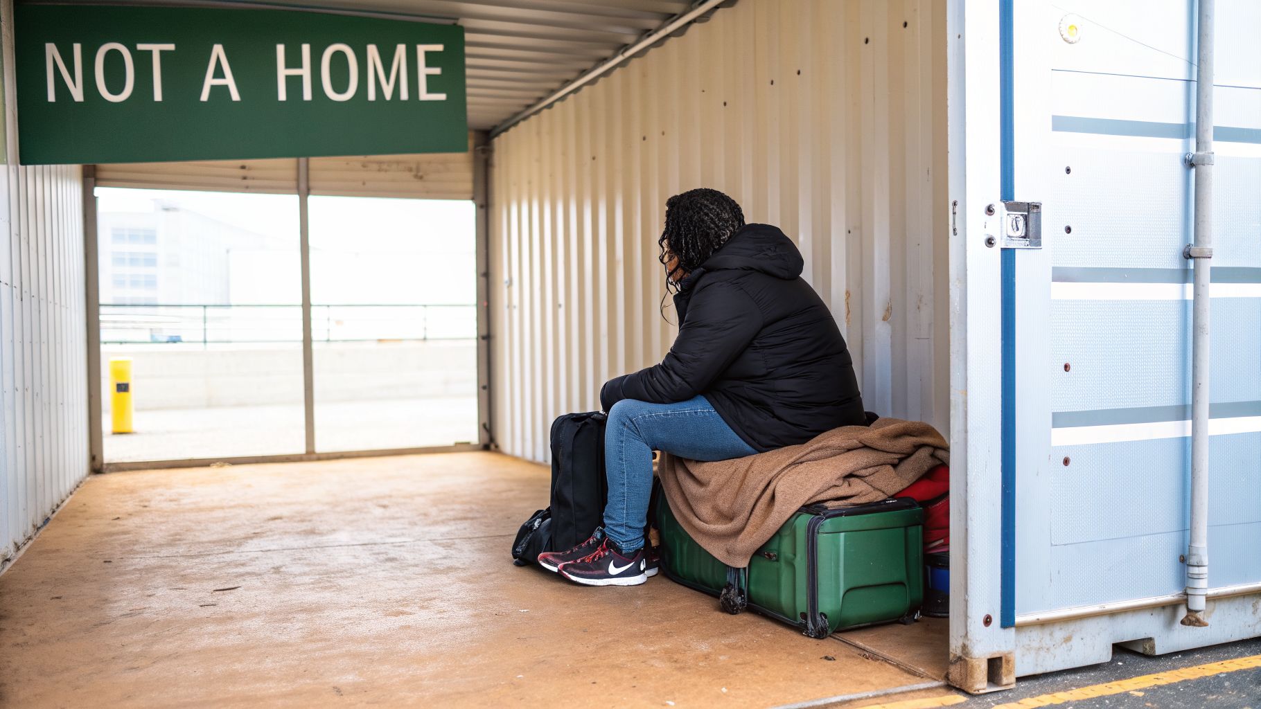 A person sits on luggage inside a storage container, with a 'NOT A HOME' sign above.