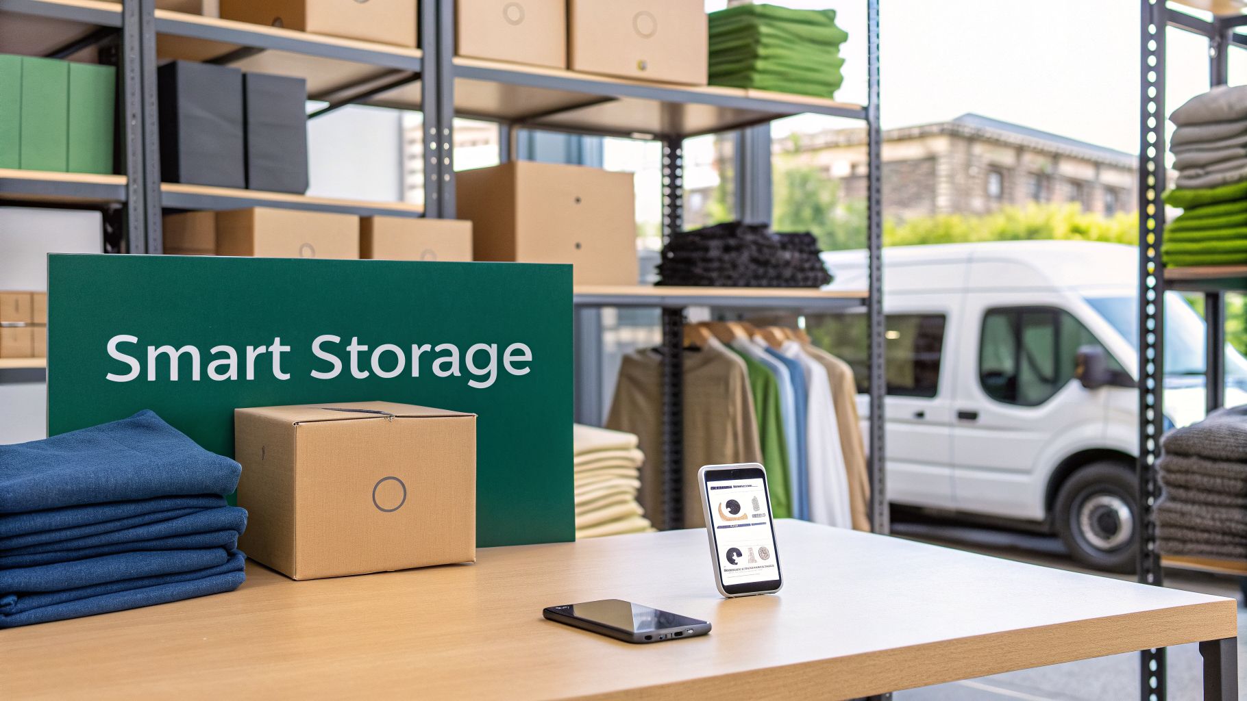 A 'Smart Storage' sign, cardboard box, and smartphones on a desk, with storage shelves and a van.