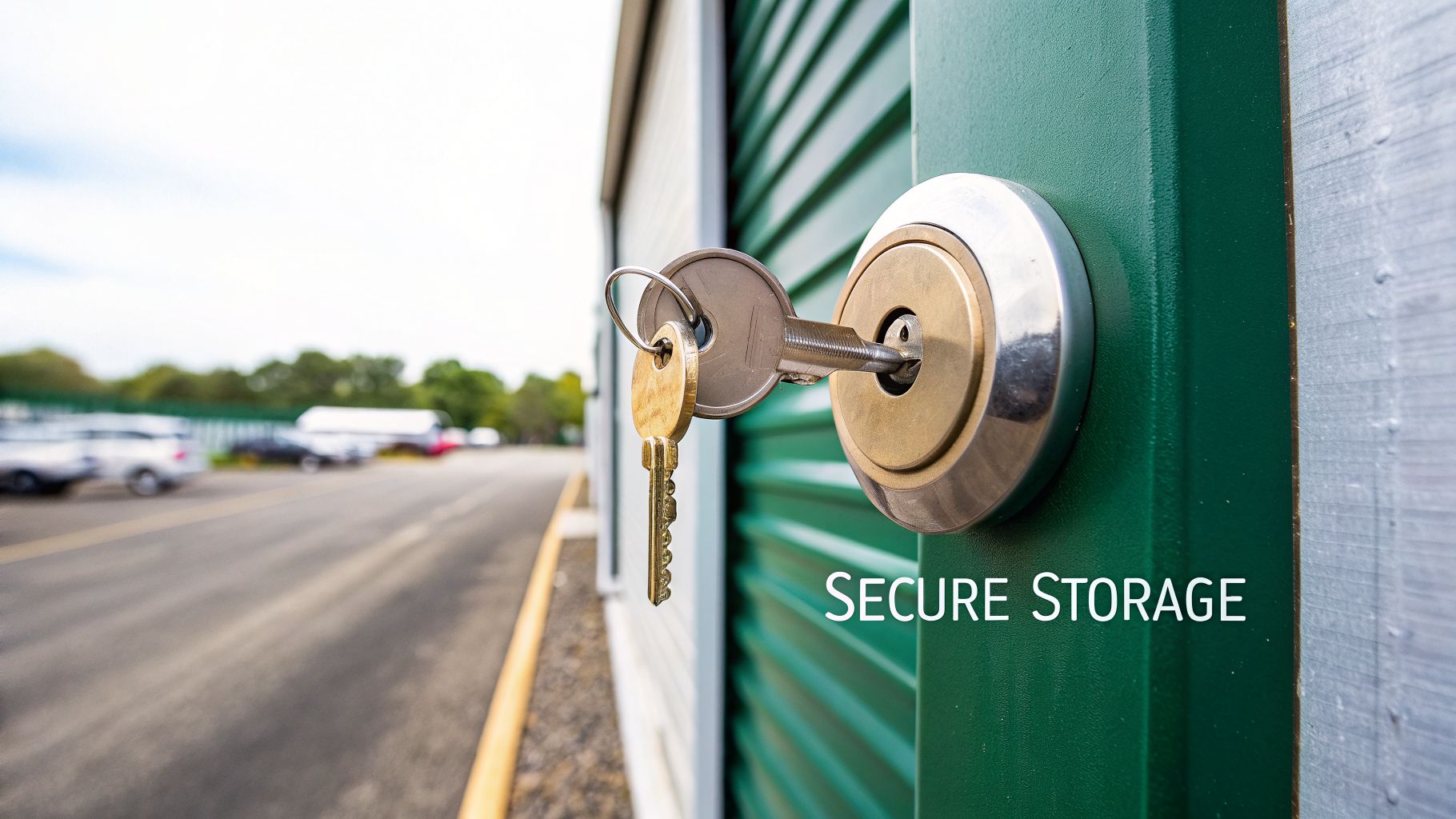 A key is inserted into a lock on a green public storage unit door, with more units in the background.