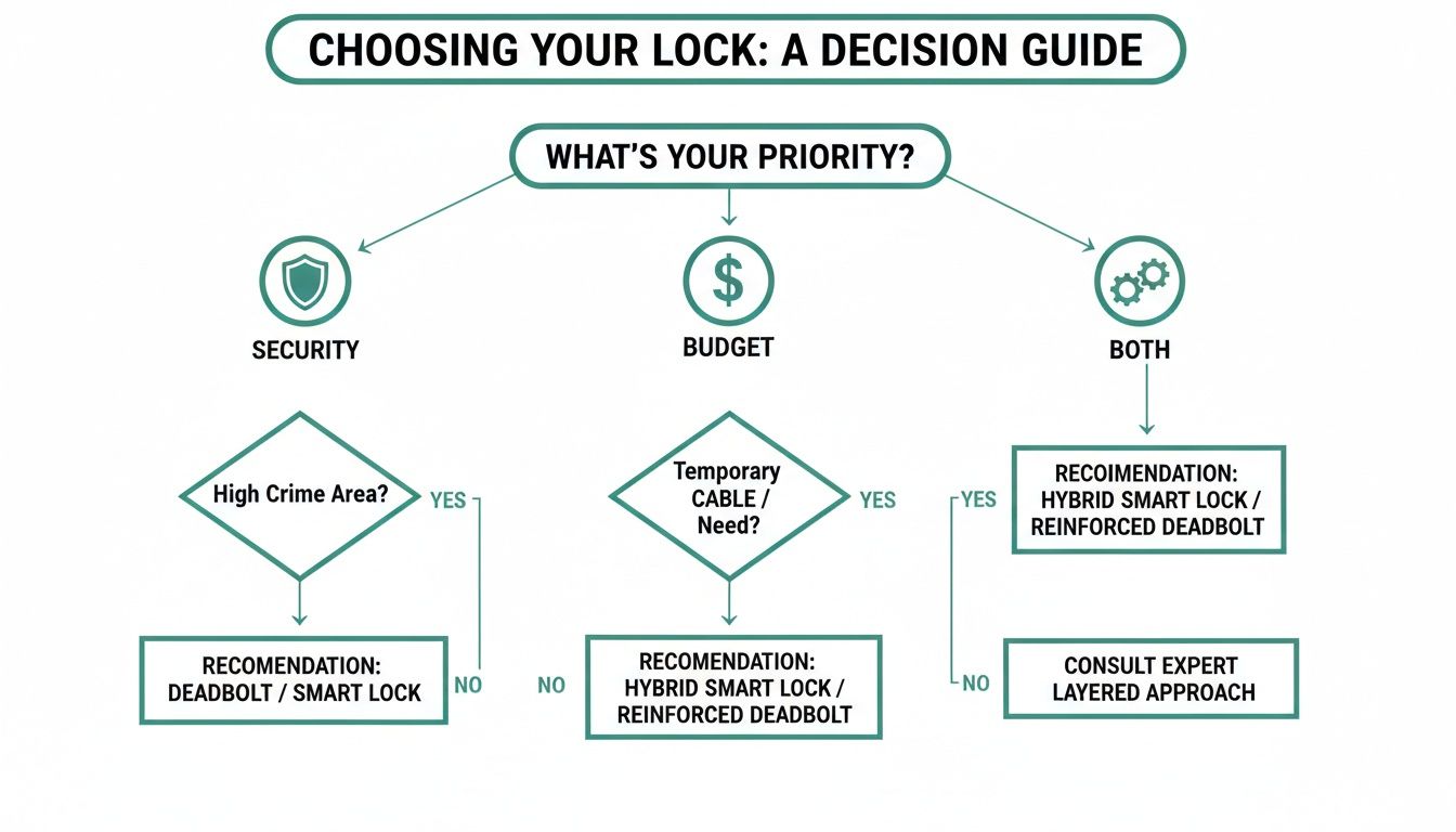 Decision guide flow chart for choosing a lock, based on security, budget, or both priorities.
