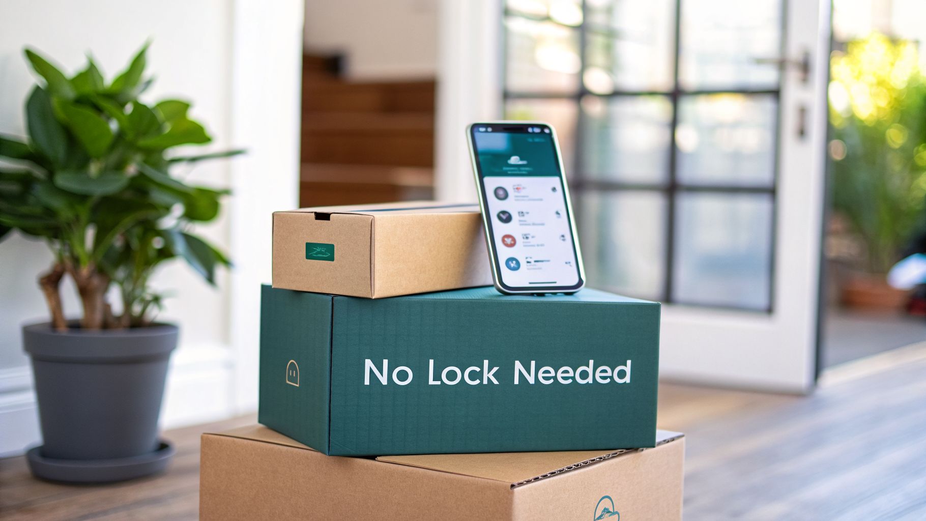 A stack of delivery boxes with a smartphone displaying an app, one box says 'No Lock Needed'.