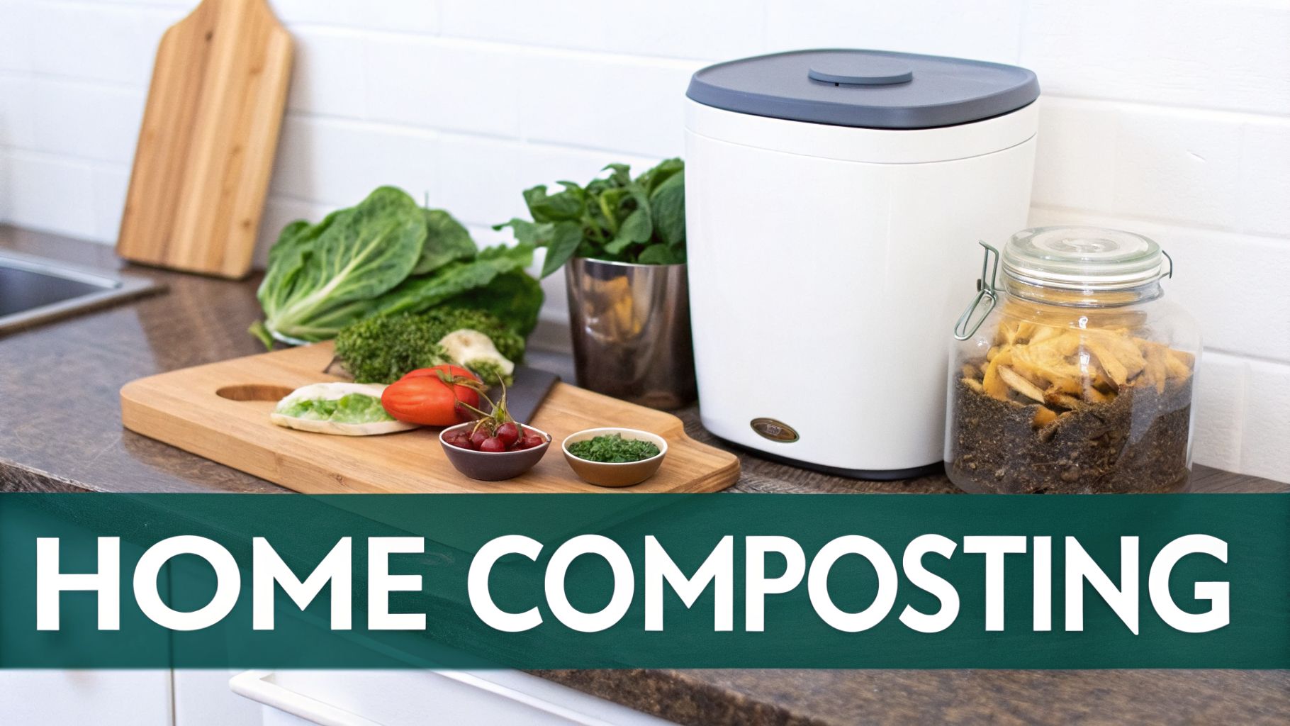 A kitchen counter features fresh vegetables, a white compost bin, and a jar with food scraps, promoting home composting.