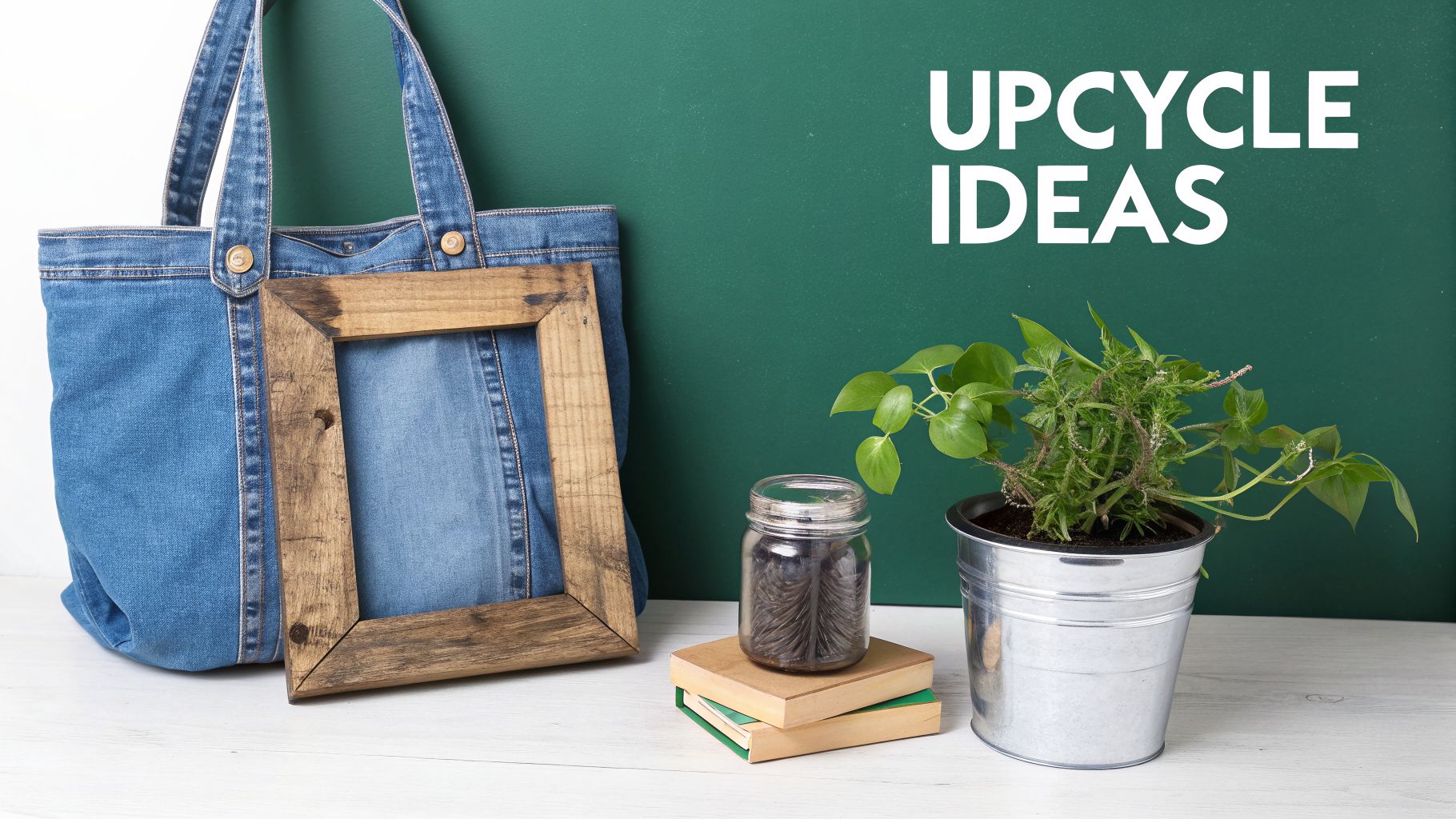 A denim tote bag, rustic wooden frame, potted plant, and jar with twine for upcycling ideas.