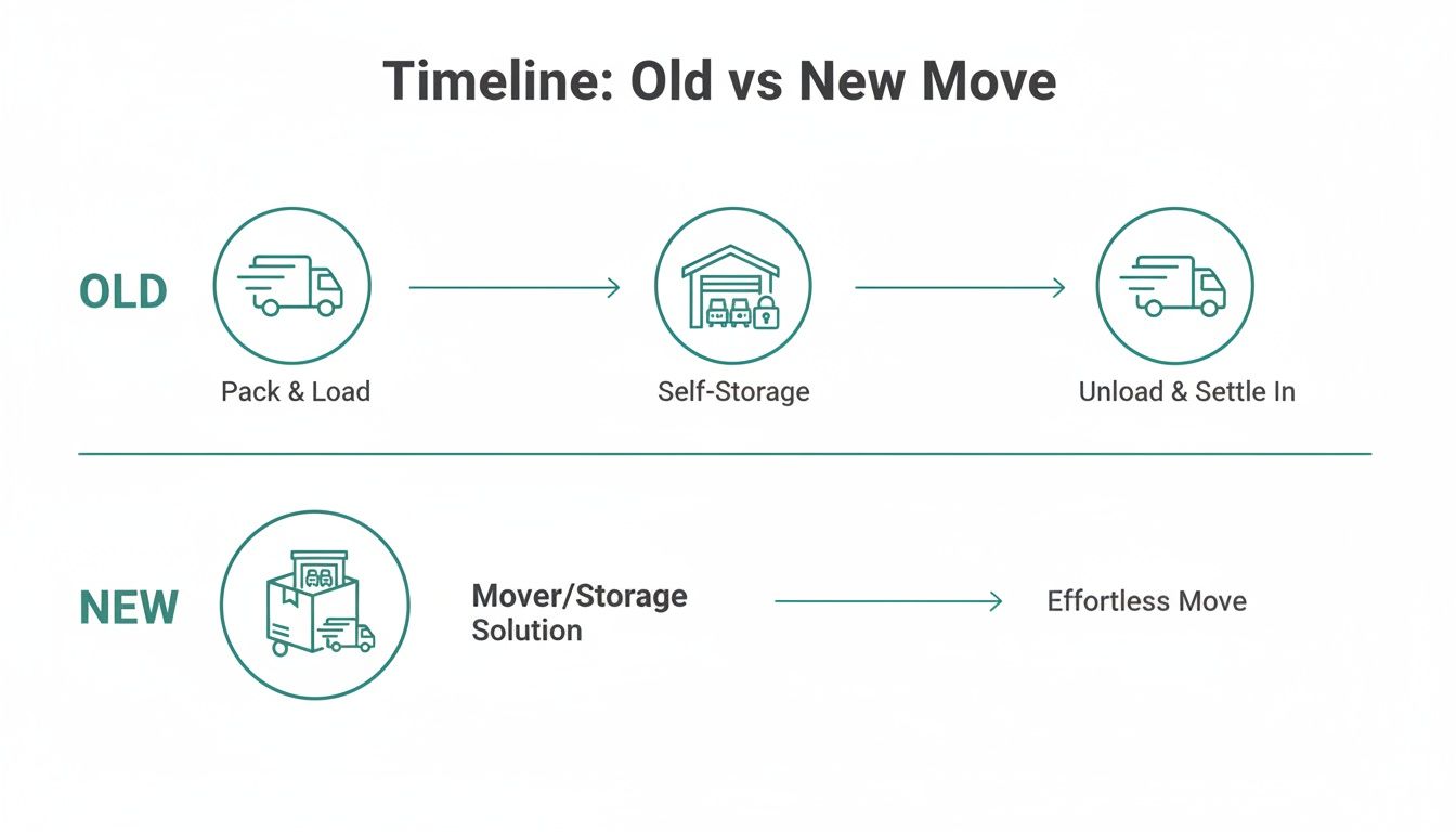 Timeline comparing old and new moving processes, illustrating how an integrated mover/storage solution simplifies the move.