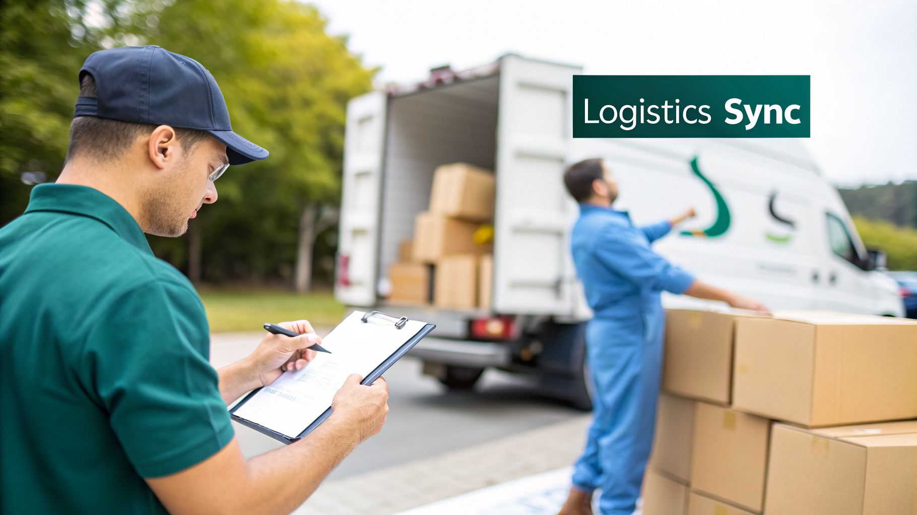Delivery workers loading moving boxes into a truck, with one worker checking a clipboard for logistics.