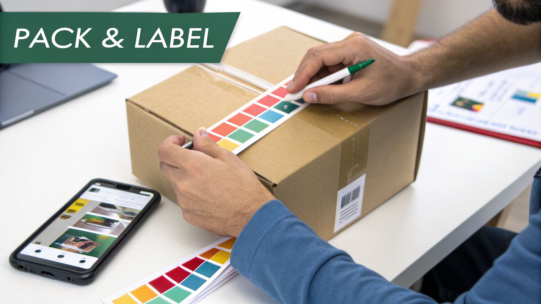 Person taping a colorful label onto a cardboard box on a white desk, with a phone and laptop nearby.