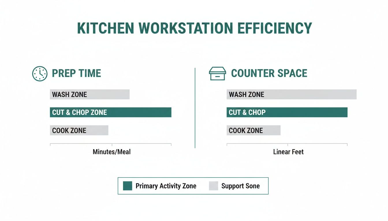 Bar charts illustrating kitchen workstation efficiency by comparing prep time and counter space across different zones.