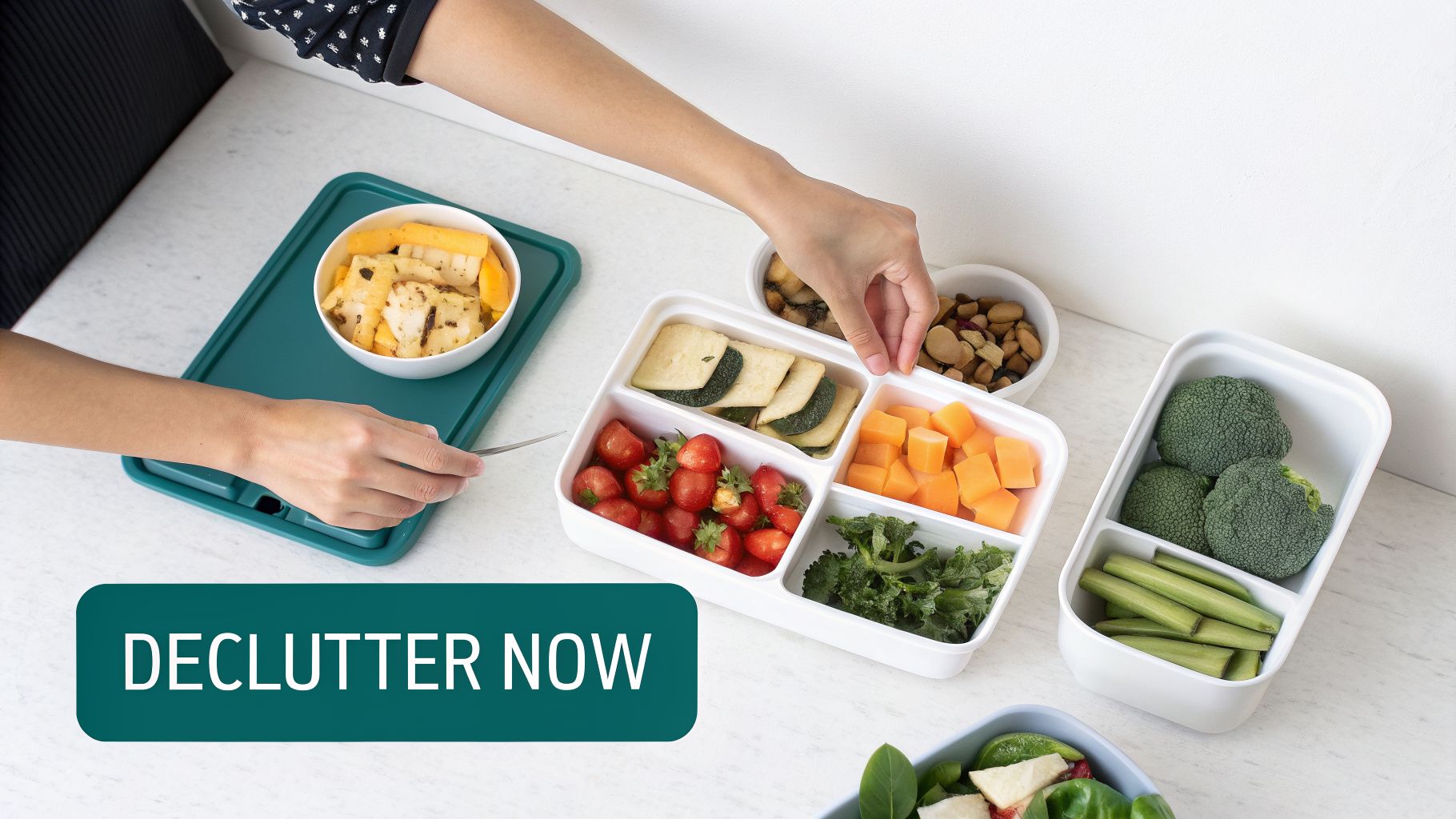 Person organizing healthy meal prep containers with fresh fruits, vegetables, and cooked food on a clean kitchen counter.