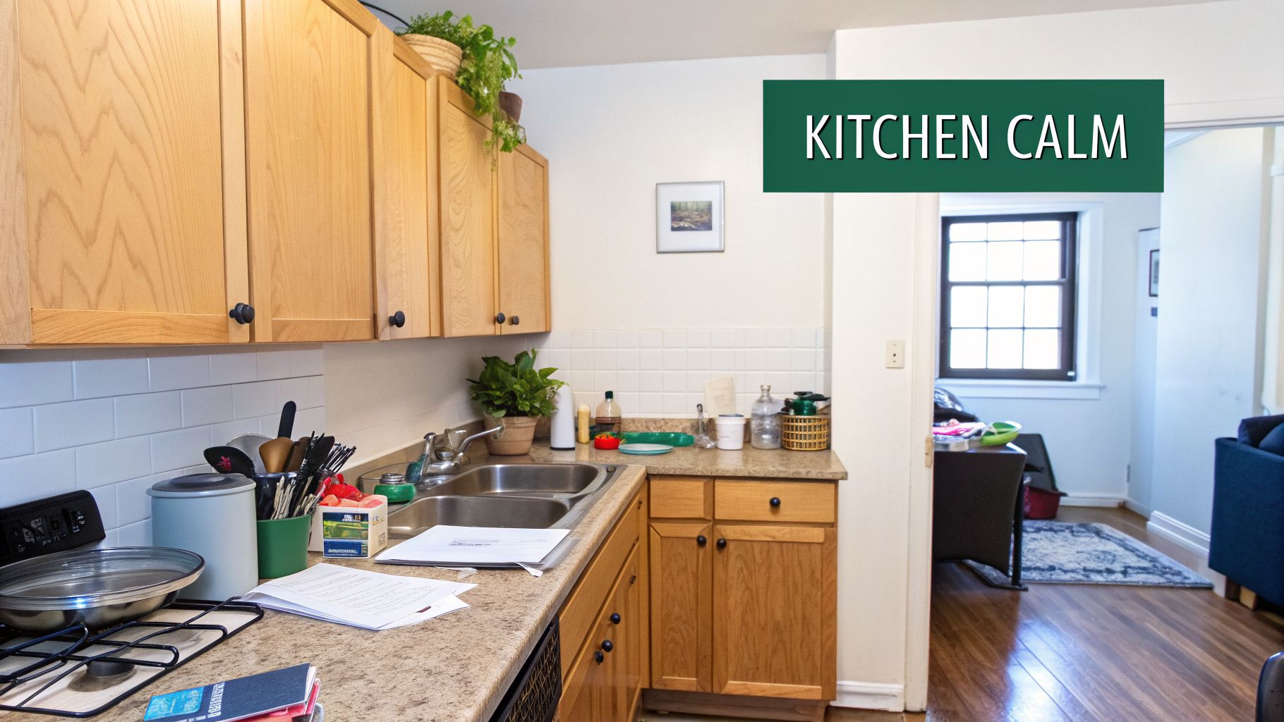 A bright kitchen interior featuring light wood cabinets, a double sink, a stove, and various kitchen items.