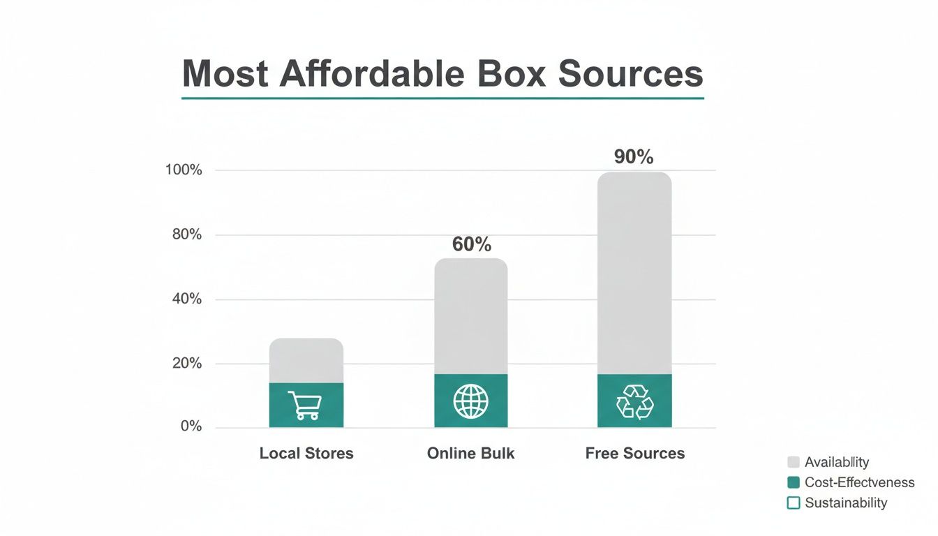 Bar chart comparing availability and cost-effectiveness of different affordable box sources.
