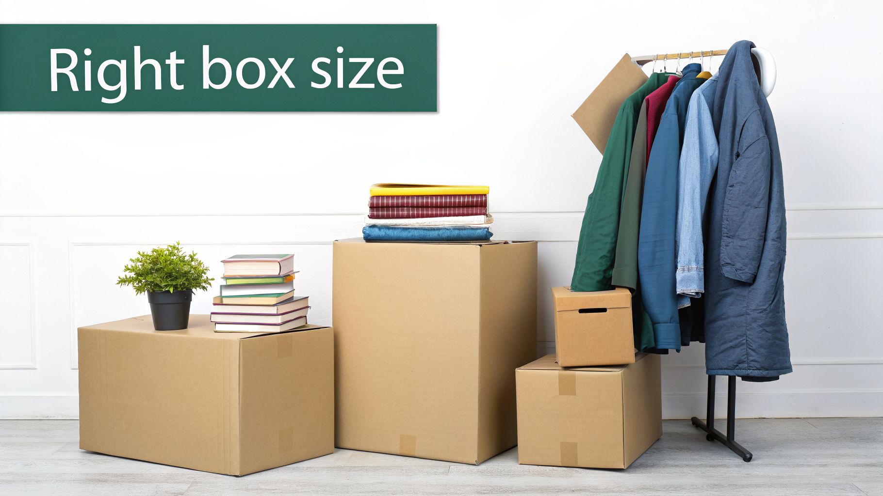 Several cardboard moving boxes of various sizes, packed items, and clothes on a rack, illustrating moving preparations.