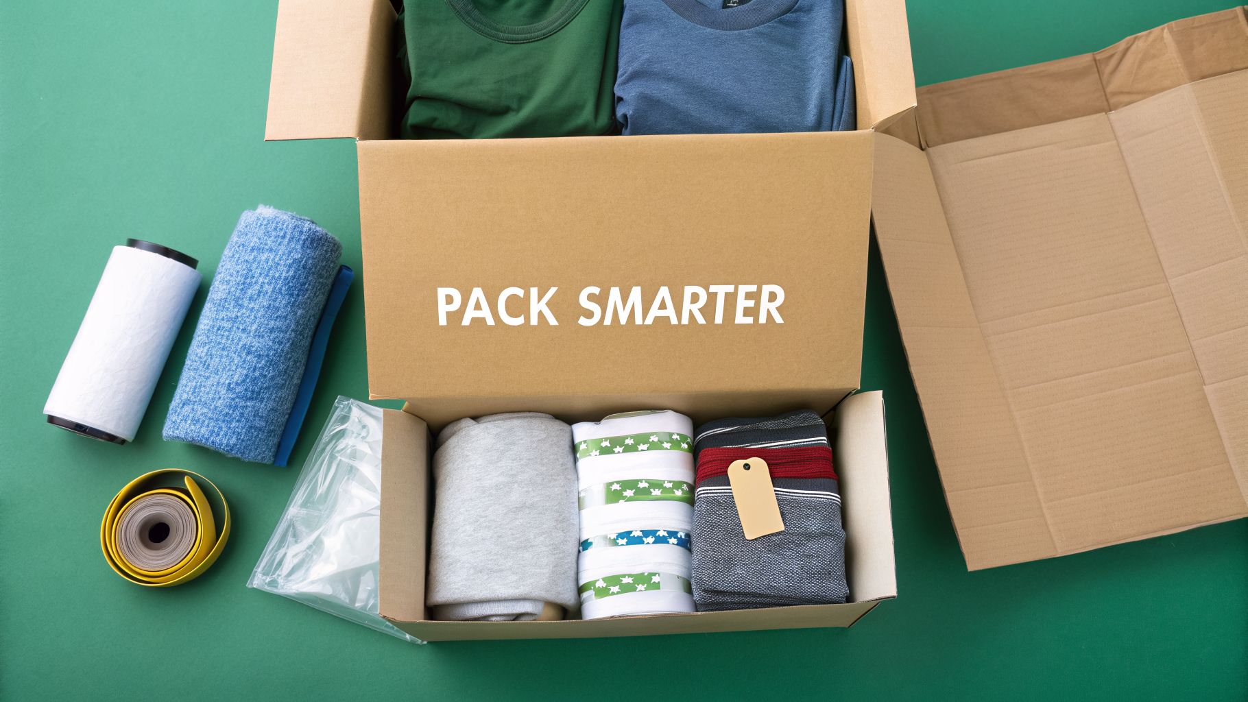 Overhead view of open cardboard boxes with folded clothes and packing supplies on a green background.
