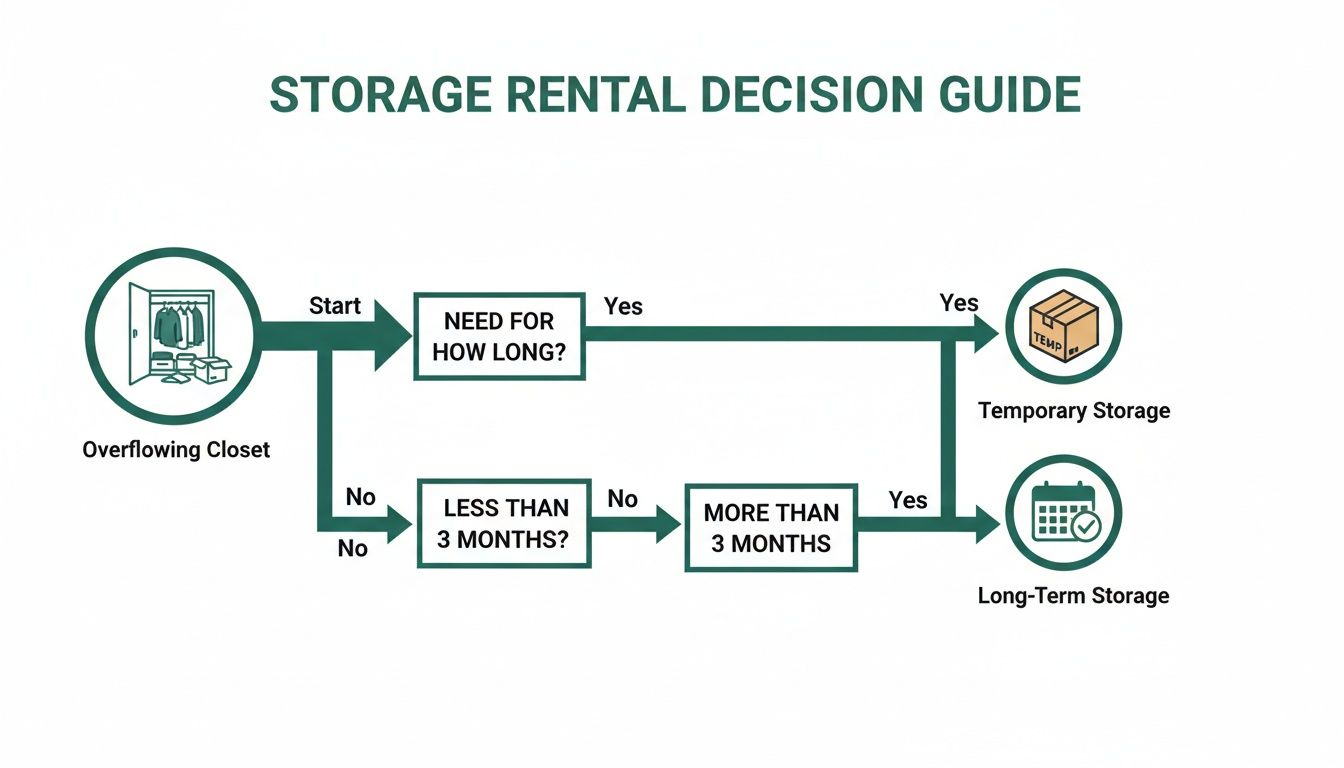 A storage rental decision guide flow chart. It helps choose between temporary or long-term storage based on need duration.