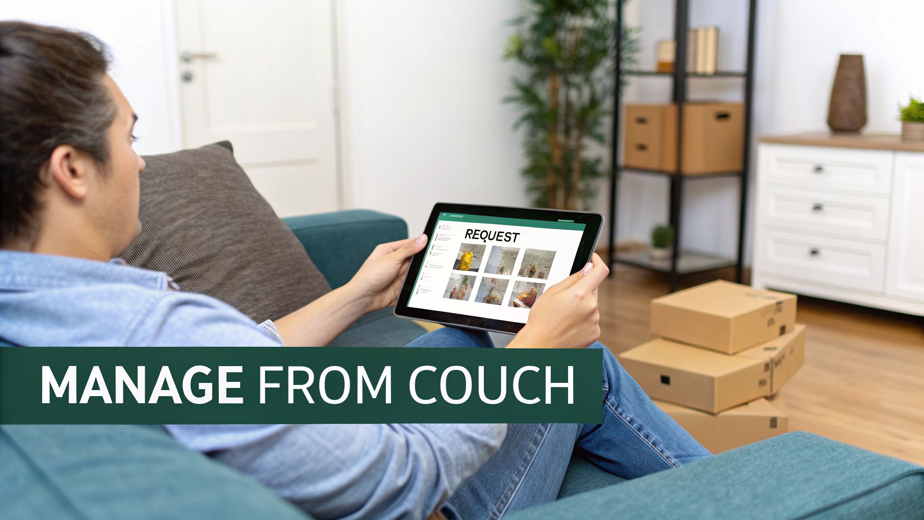A person relaxes on a couch, using a tablet to manage requests, with cardboard boxes nearby.
