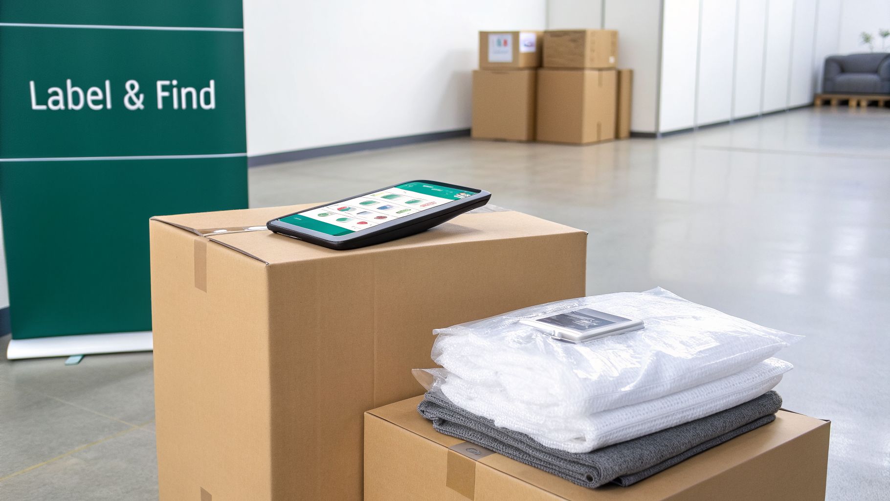 A tablet on cardboard boxes displays an inventory app, with packed items ready for storage.