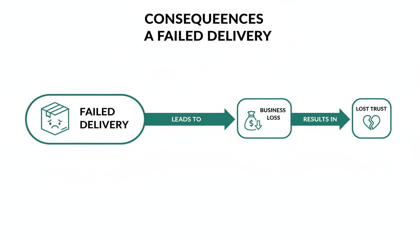 Flowchart illustrating the negative consequences of a failed delivery: business loss and lost trust.
