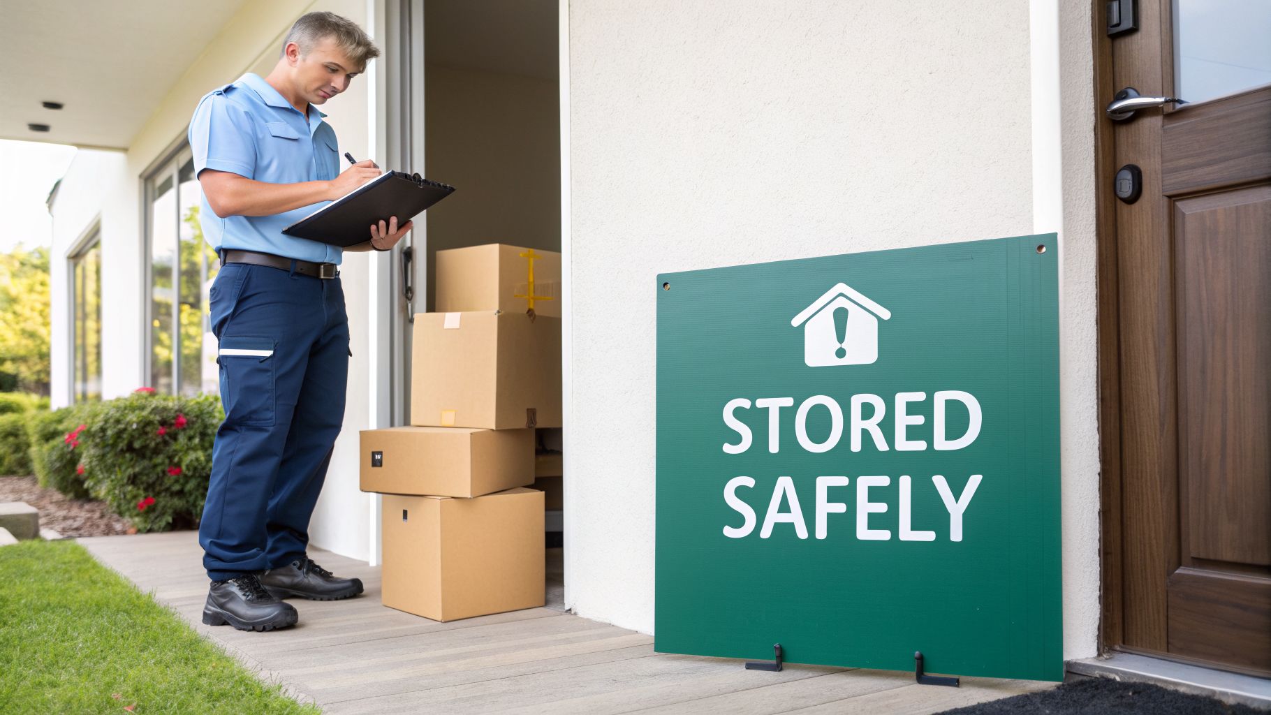 A delivery person checks a clipboard on a porch next to moving boxes and a "Stored Safely" sign.