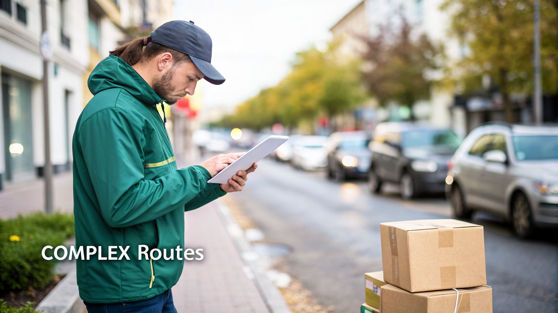 A delivery driver in a green jacket uses a tablet to check routes for packages on a city street.