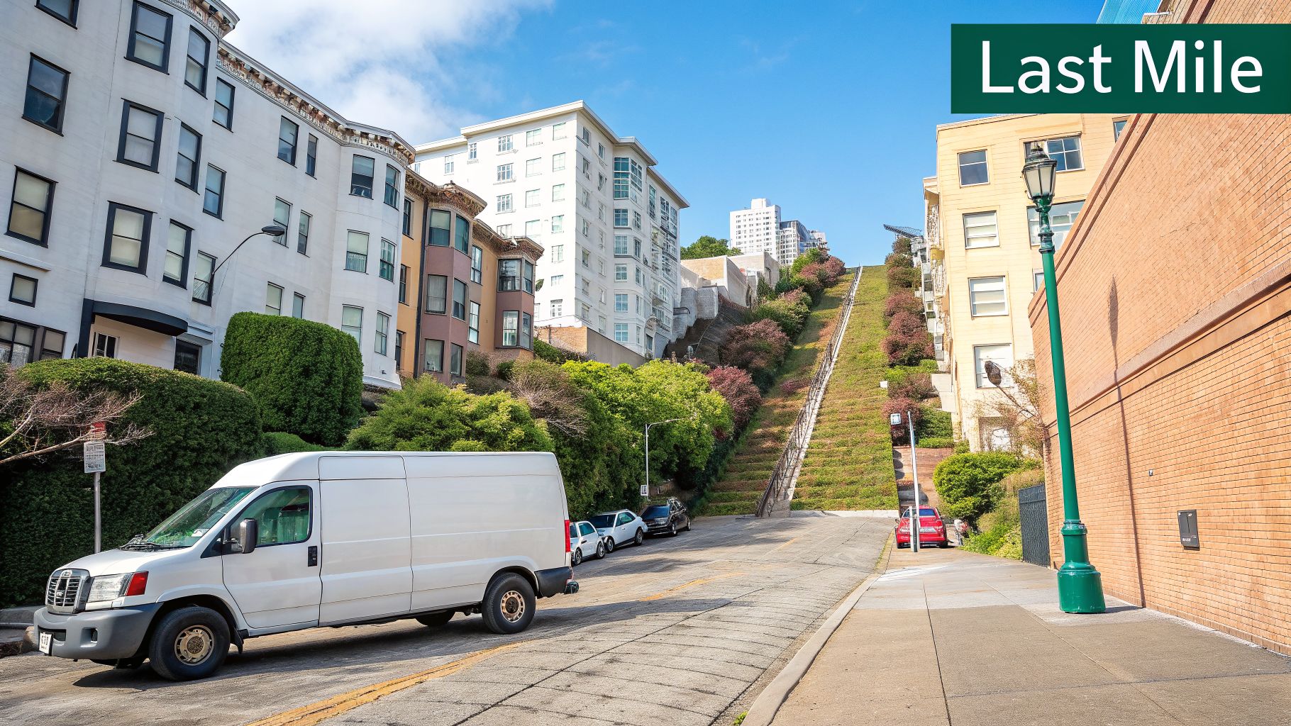 A white delivery van on a city street with residential buildings and a steep, grassy hillside.