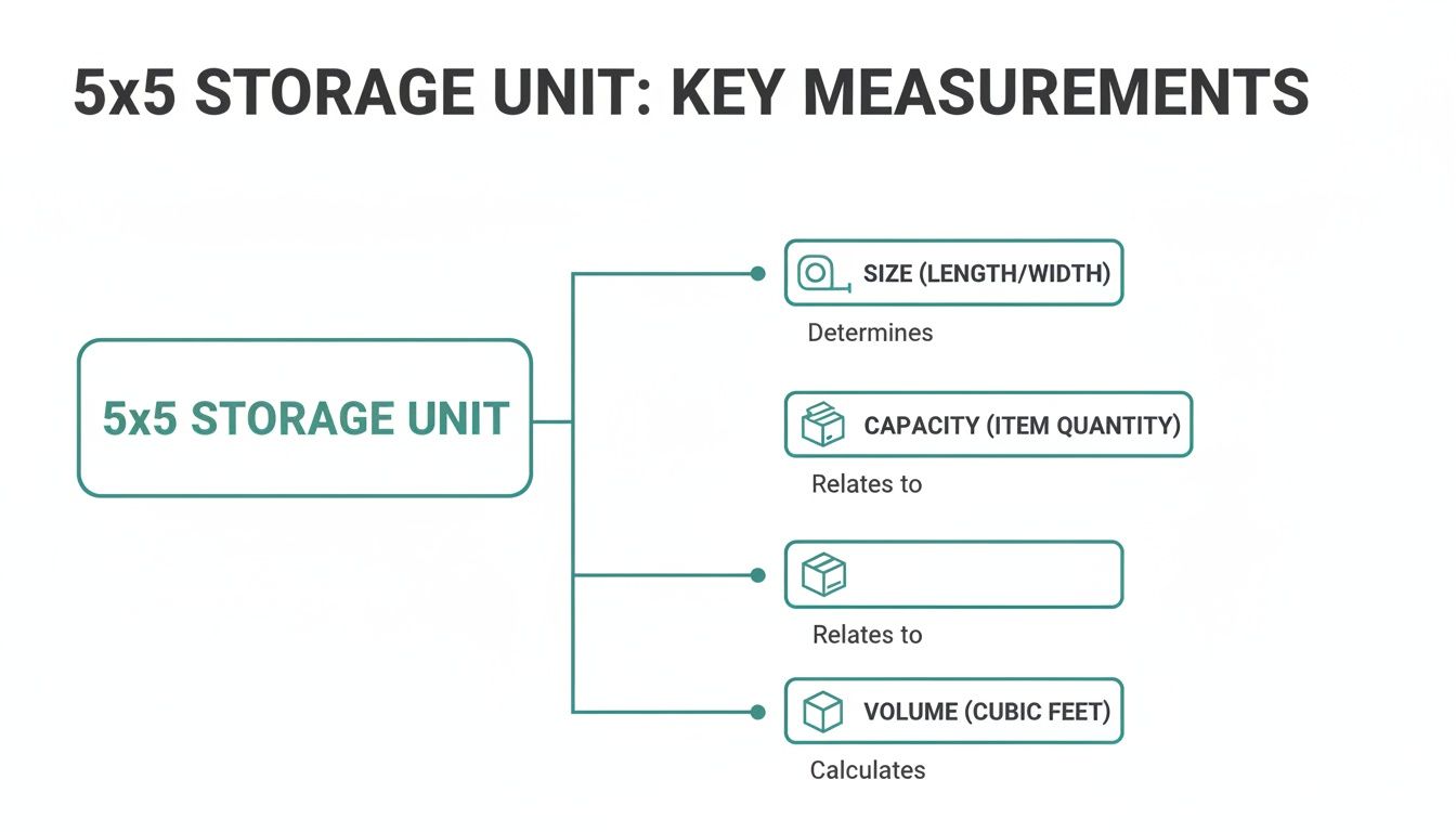 Flowchart detailing key measurements for a 5x5 storage unit: size, capacity, and volume.