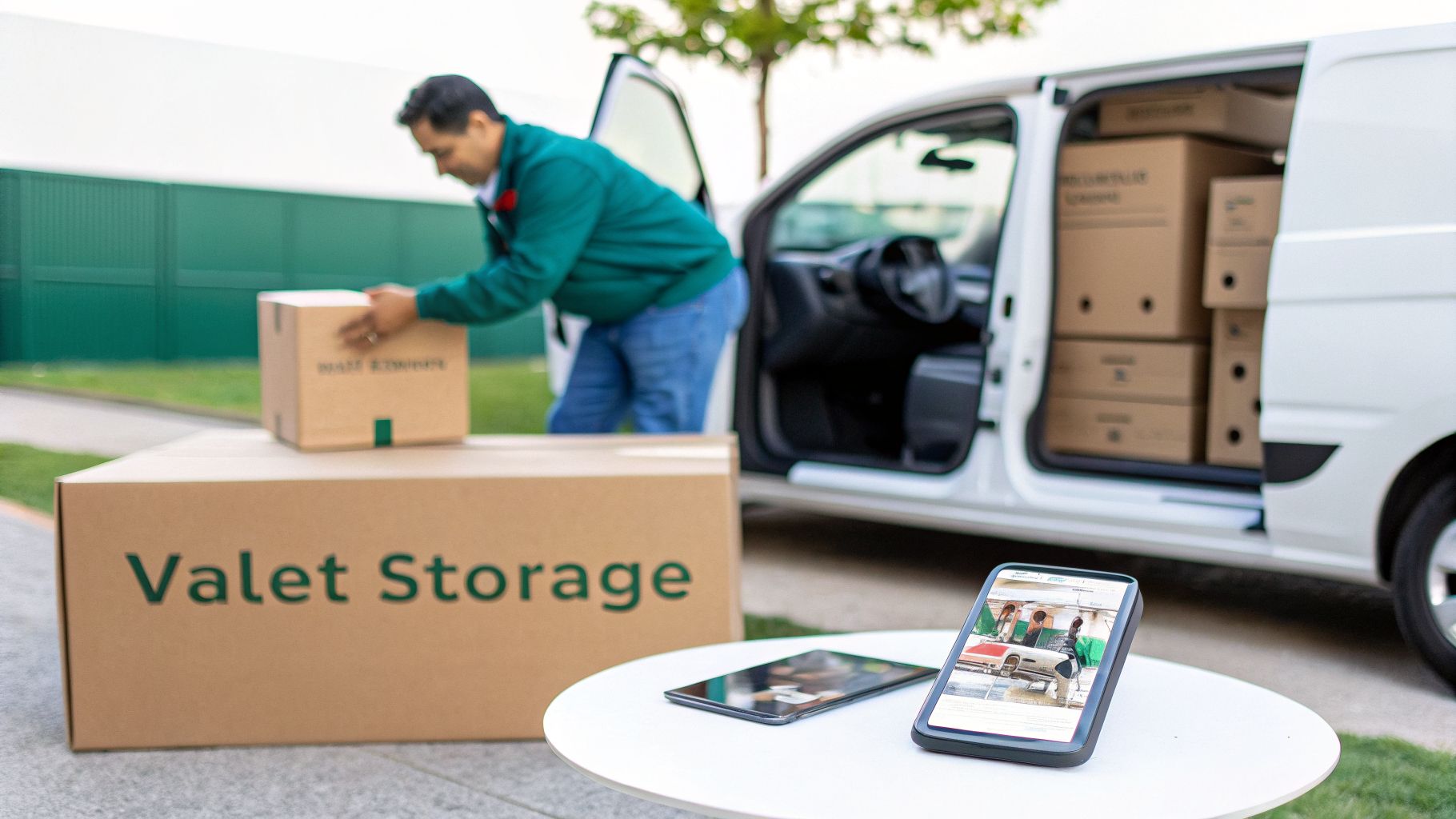 A person loads 'Valet Storage' boxes into a white delivery van, with a tablet and phone nearby.
