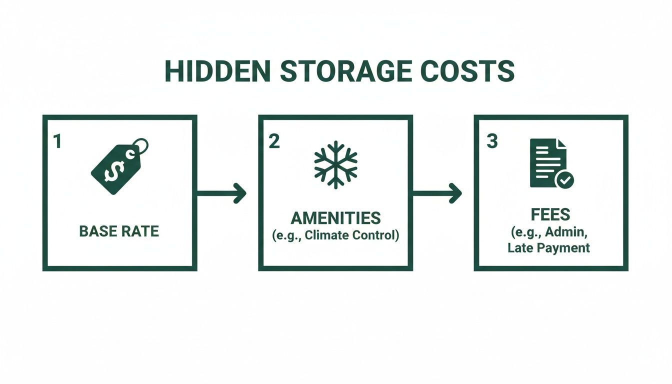 Diagram showing the breakdown of hidden storage costs: base rate, amenities like climate control, and various fees.