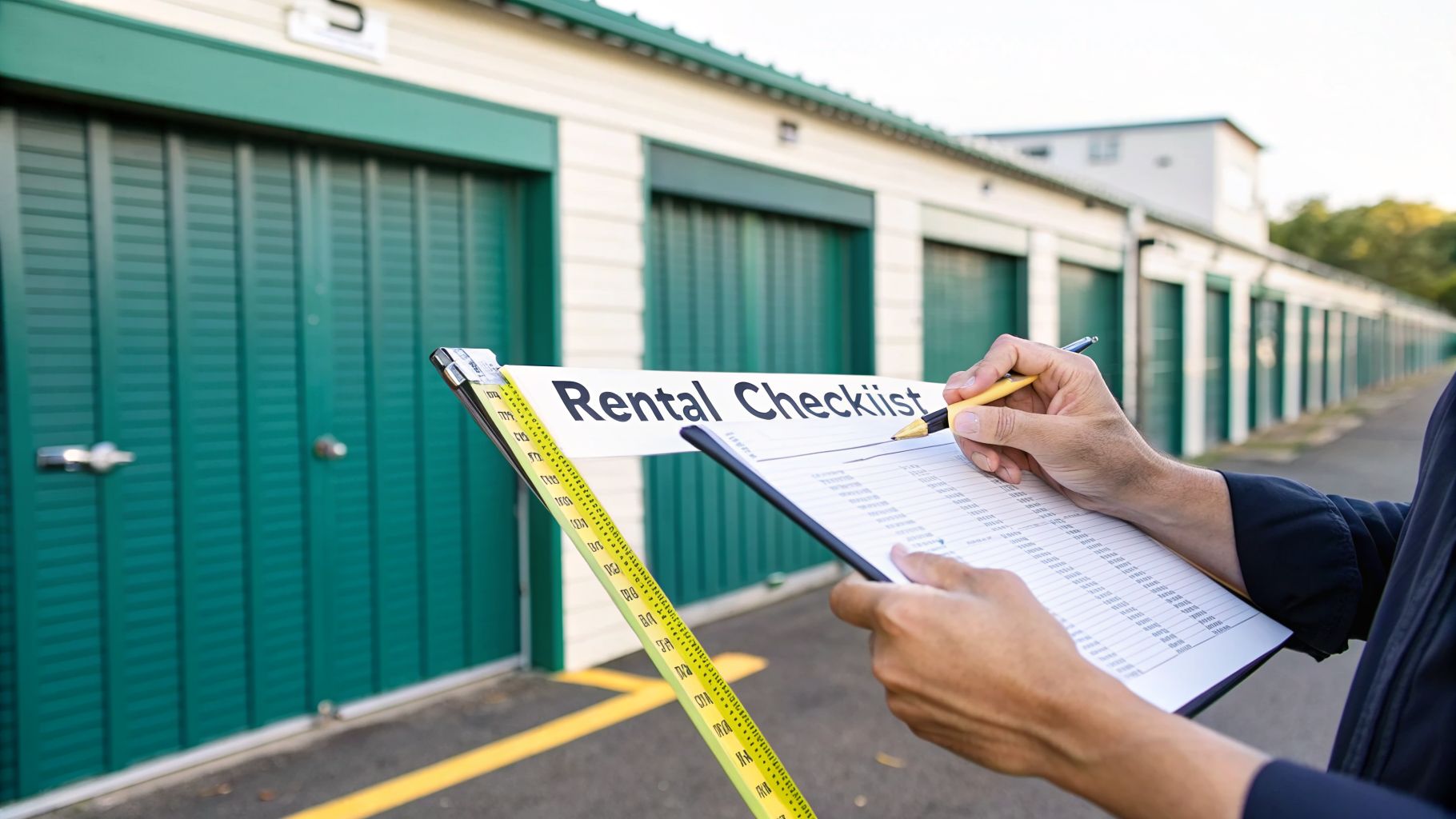 A person checking a "Rental Checklist" with a pen in front of rows of green self-storage units.
