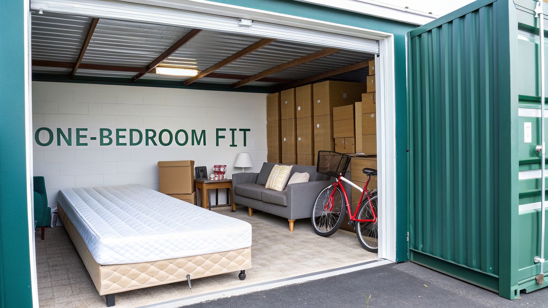 A storage unit, labeled "ONE-BEDROOM FIT", filled with furniture, moving boxes, and a bicycle.