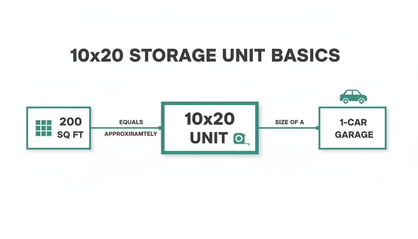Infographic comparing a 10x20 storage unit, showing it's 200 sq ft and fits a 1-car garage.