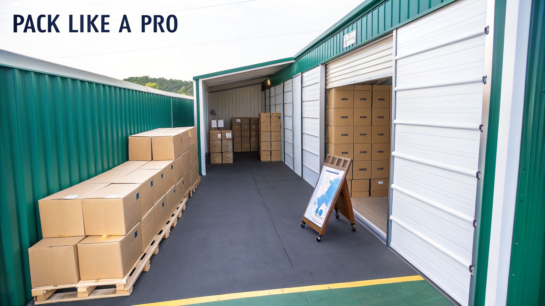 Multiple self-storage units, some open and packed with cardboard boxes, along a green corridor.