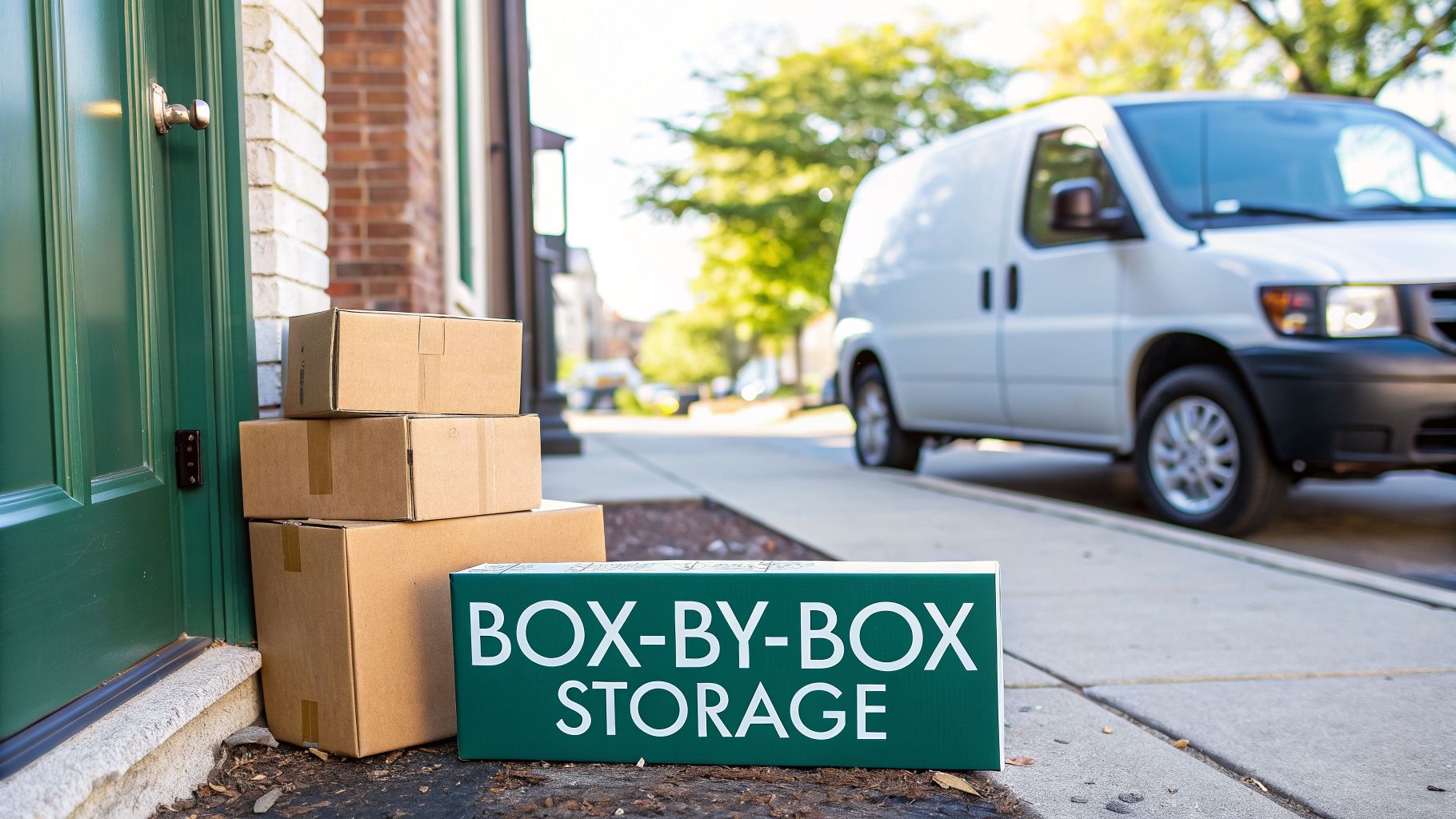 Cardboard moving boxes and a "Box-by-Box Storage" sign on a doorstep, with a delivery van nearby.