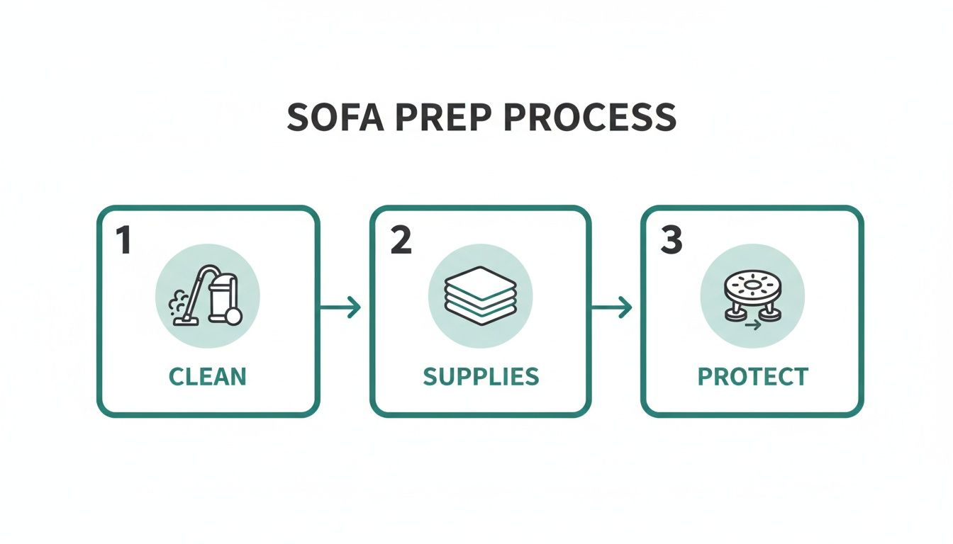 A three-step diagram illustrating the sofa preparation process: Clean, Supplies, and Protect.