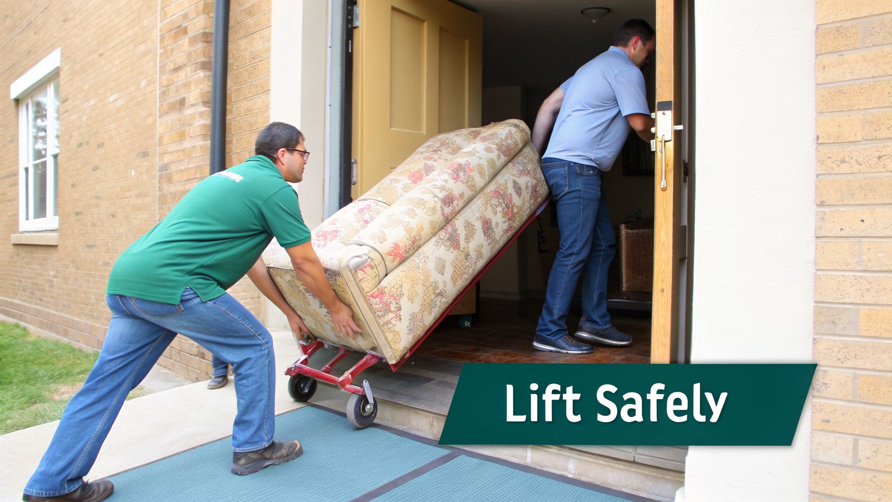 Two professional movers carefully transport a patterned sofa into a house on a dolly, emphasizing safe lifting.