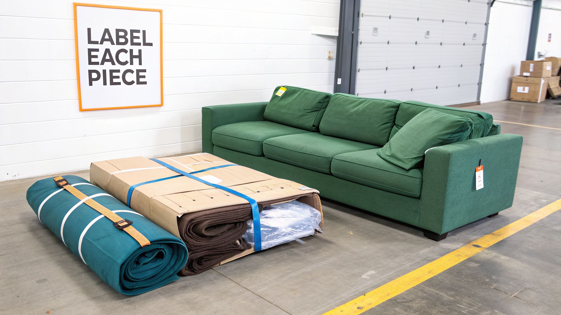 A green sofa, a rolled blanket, and a box with items prepared for moving in a warehouse.