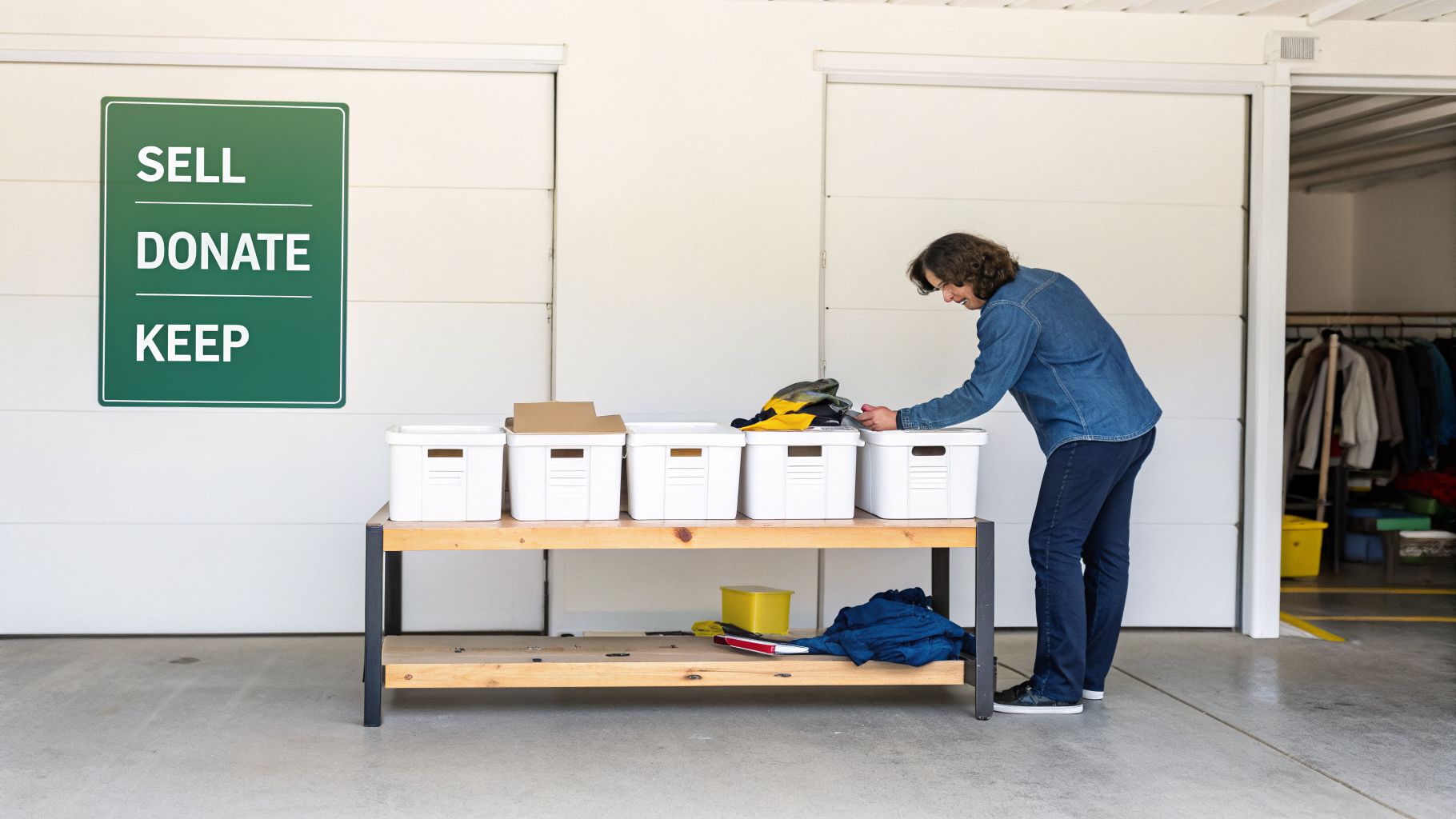 A person organizes clothes into bins for selling, donating, or keeping in a well-lit garage.