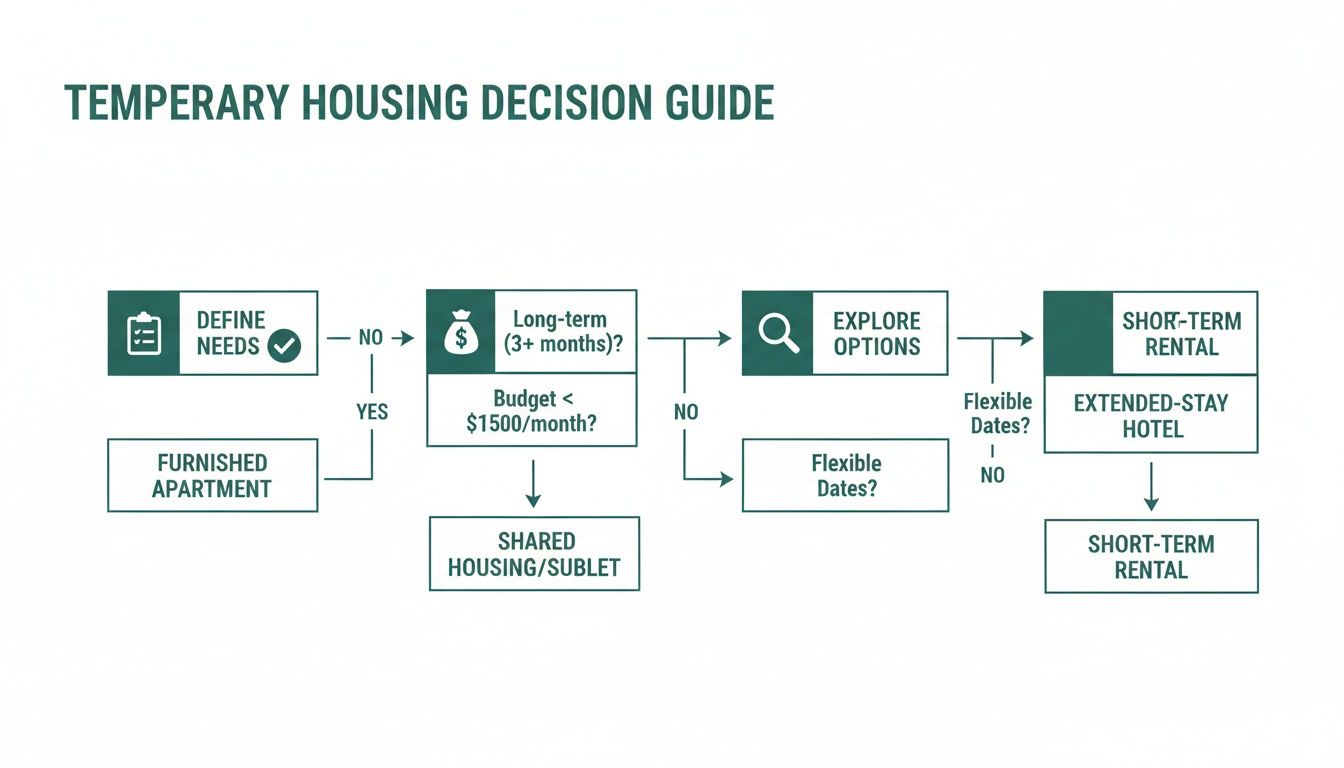 A flowchart decision guide for temporary housing, outlining options based on needs, budget, and flexible dates.