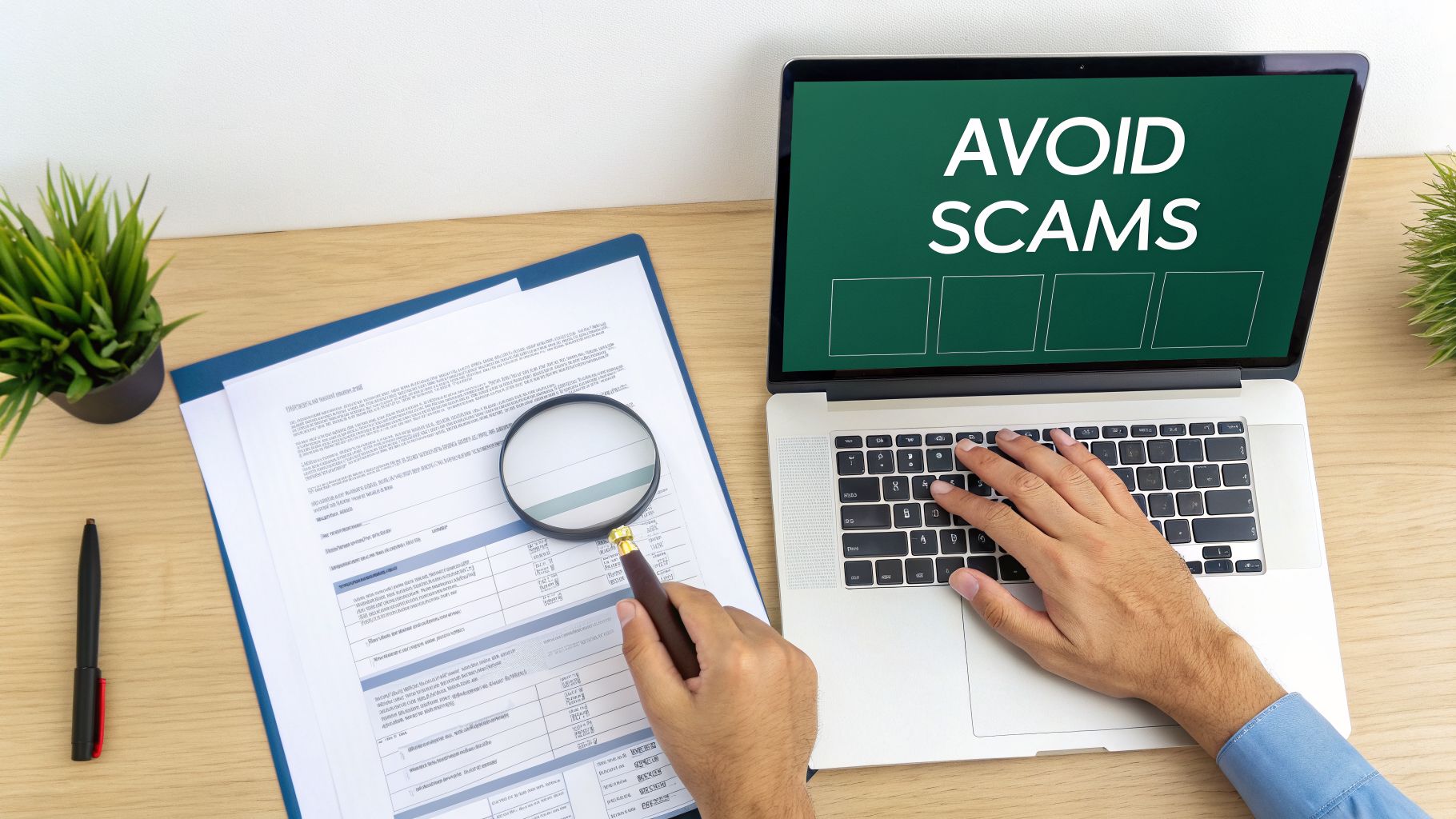 Hands reviewing financial documents with a magnifying glass and typing on a laptop showing "AVOID SCAMS."