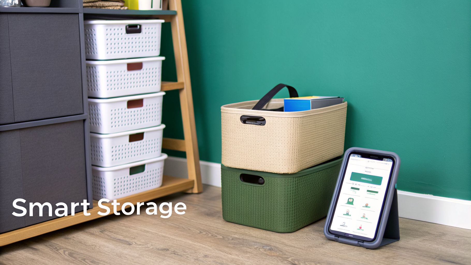 A room with smart storage solutions, including white and colored baskets, and a smartphone displaying a storage app.