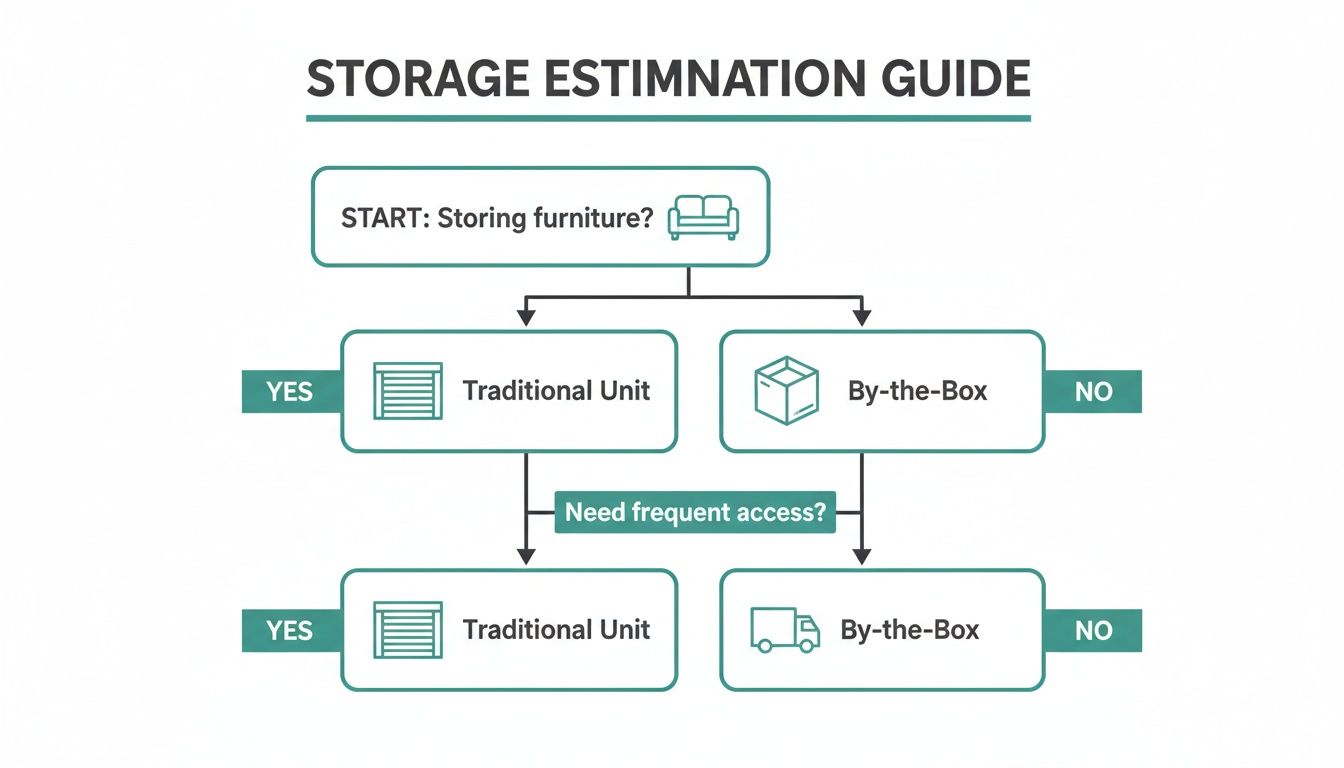 A storage estimation guide flowchart helps choose between traditional units and by-the-box options.
