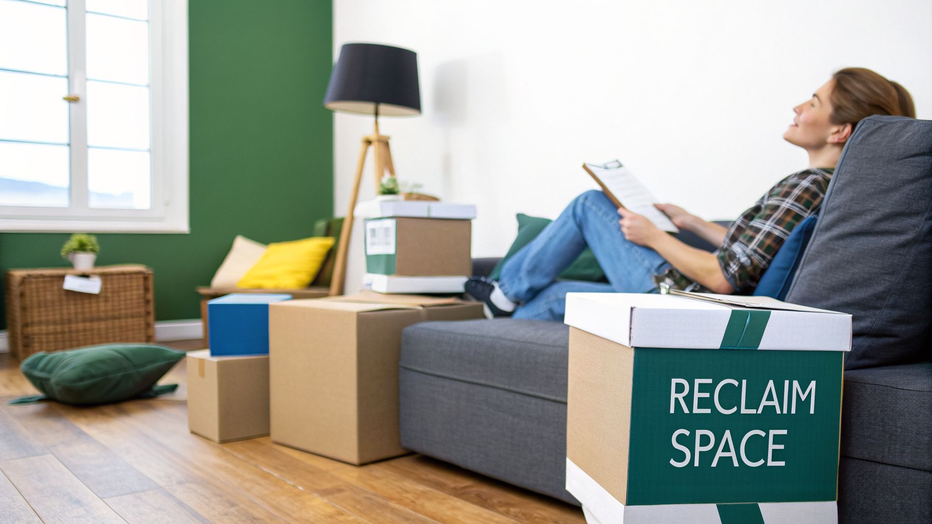 A woman relaxes on a sofa surrounded by moving boxes, one prominently labeled 'RECLAIM SPACE'.